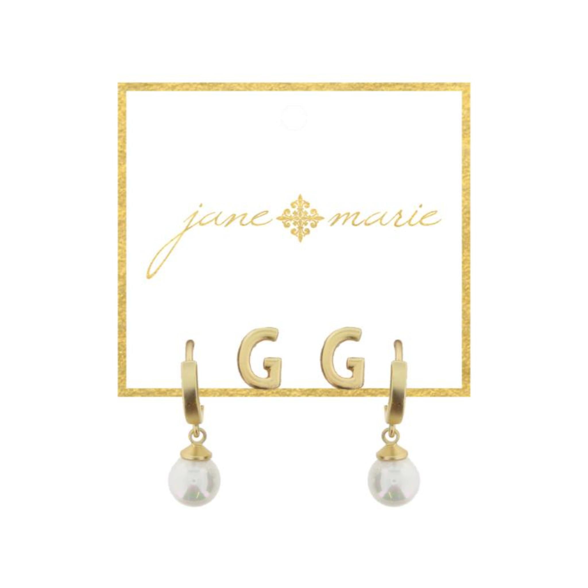 Set of 2, Gold "G" Initial Stud, Gold Huggie with Pearl Dangle Earrings