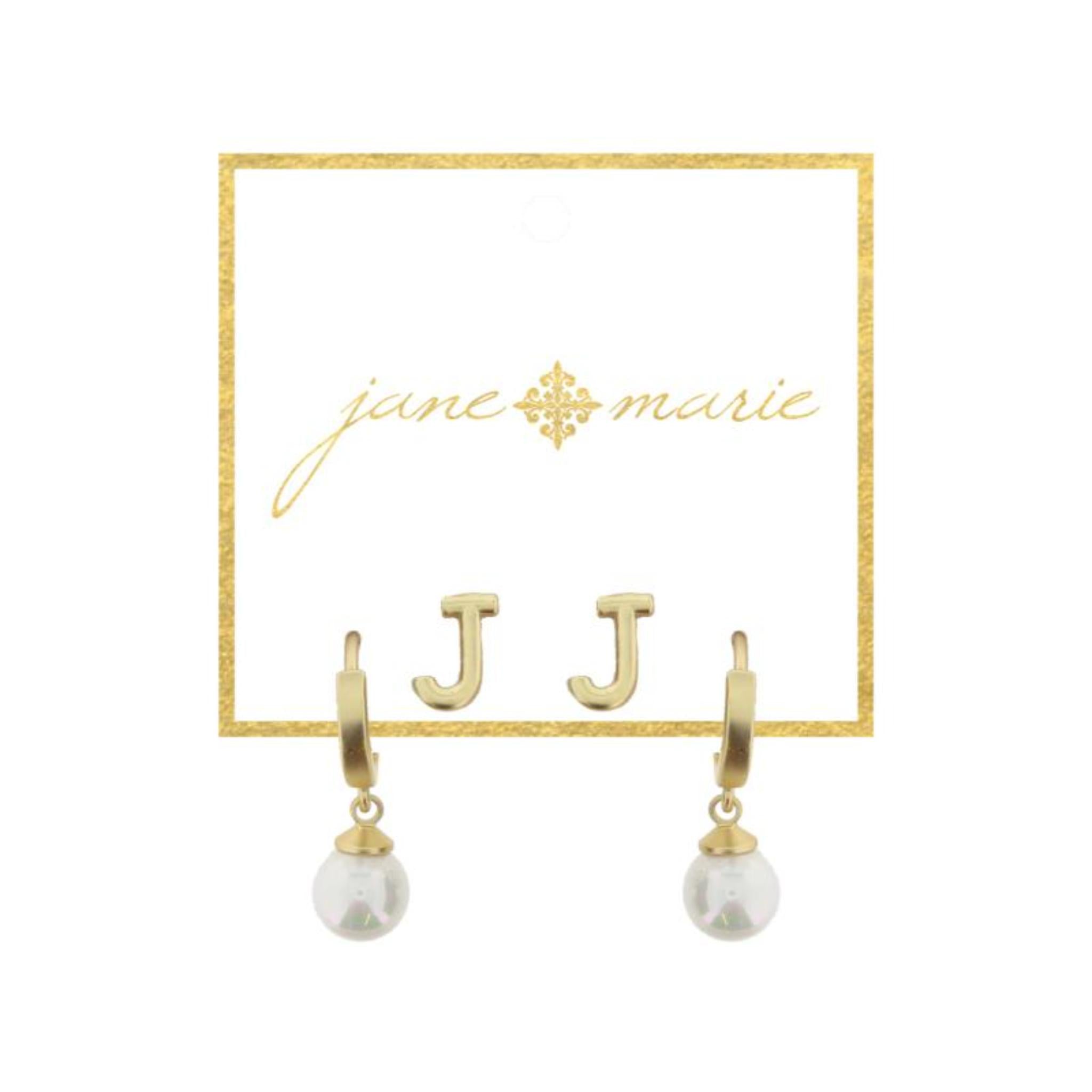 Set of 2, Gold "J" Initial Stud, Gold Huggie with Pearl Dangle Earrings