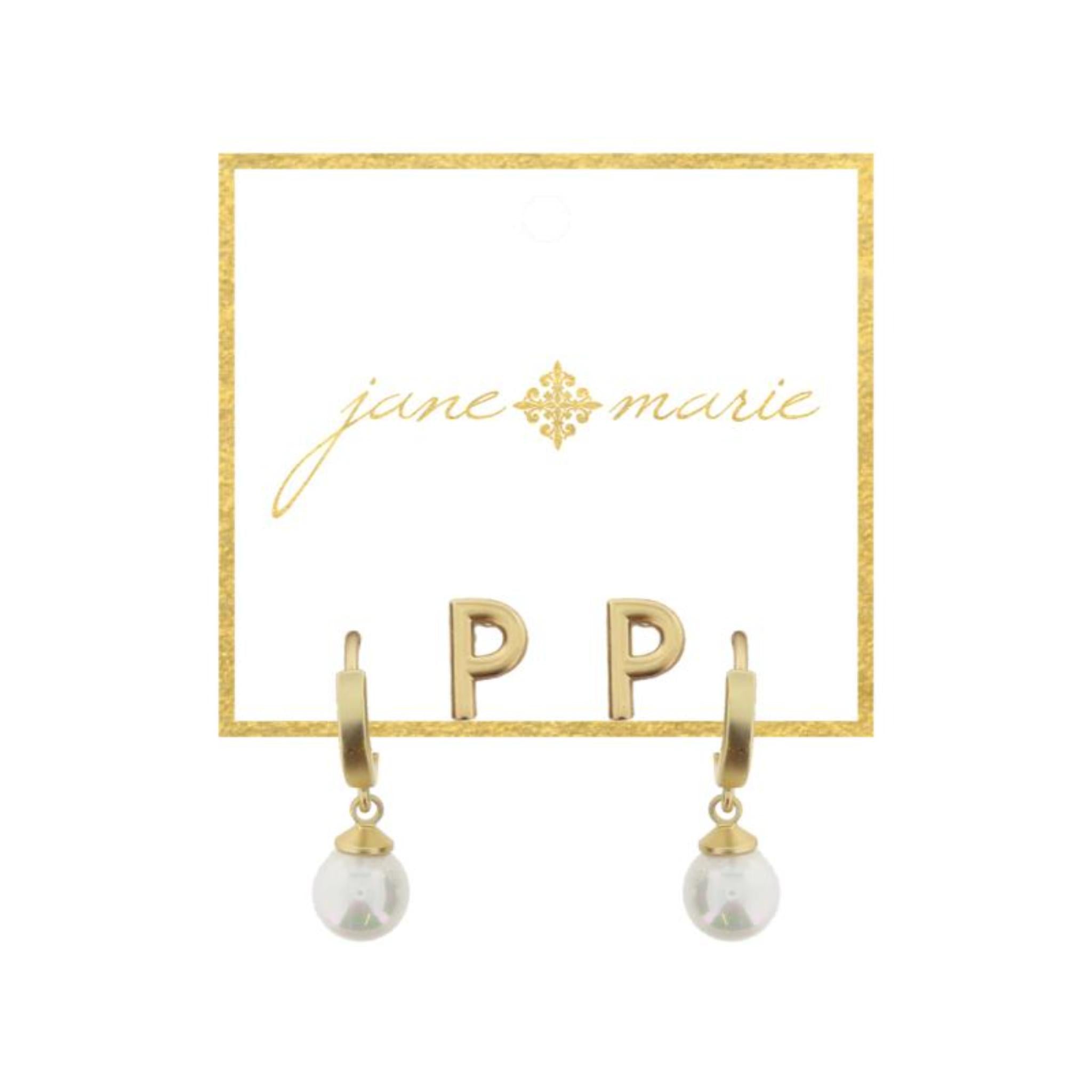 Set of 2, Gold "P" Initial Stud, Gold Huggie with Pearl Dangle Earrings