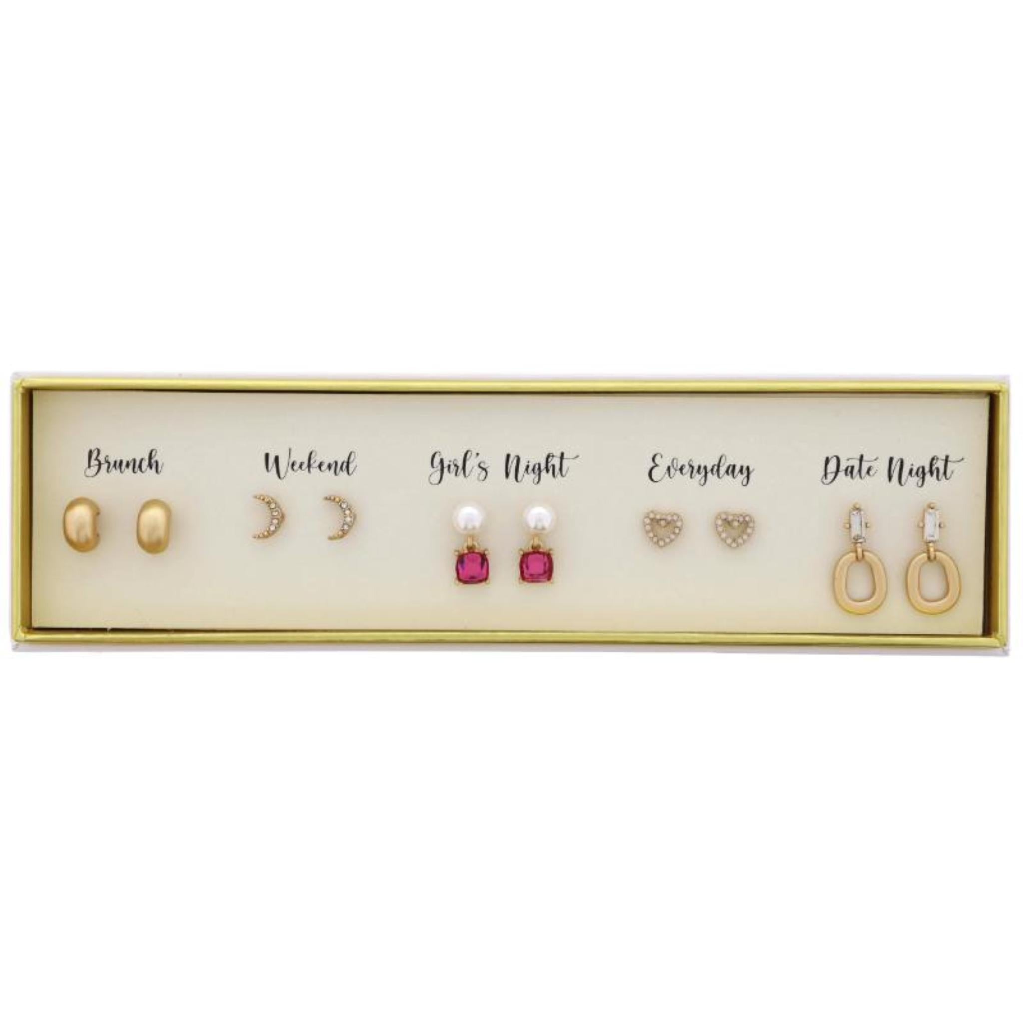 Boxed 6 Earring Set, Hoop, Moon, Pearl with Pink Drop, Moonstone Heart, Crystal with Oval Loop