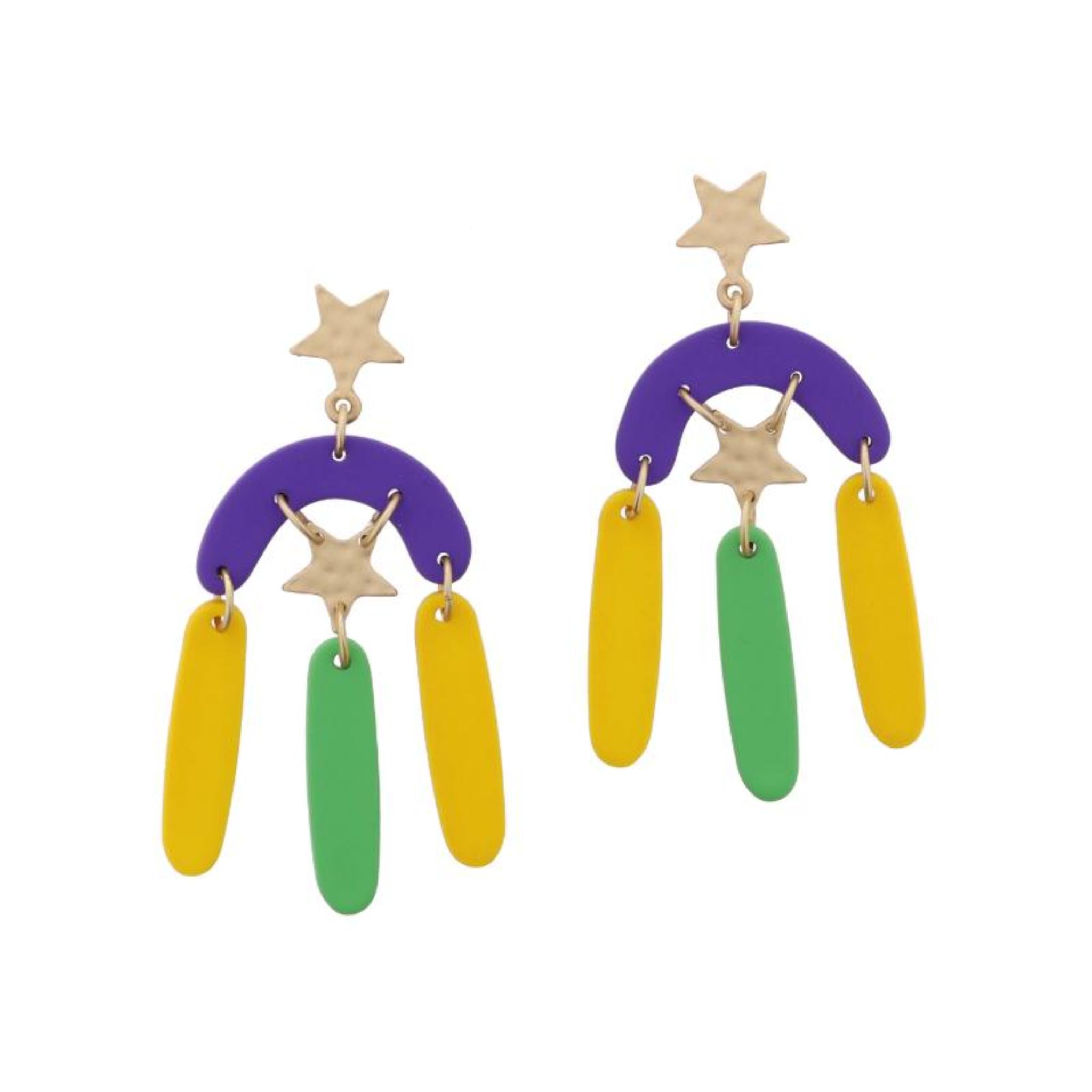 Hammered Gold Star Post & Purple Arch, Gold Hammered Star, Golden & Green Oval Bar Dangles Earrings