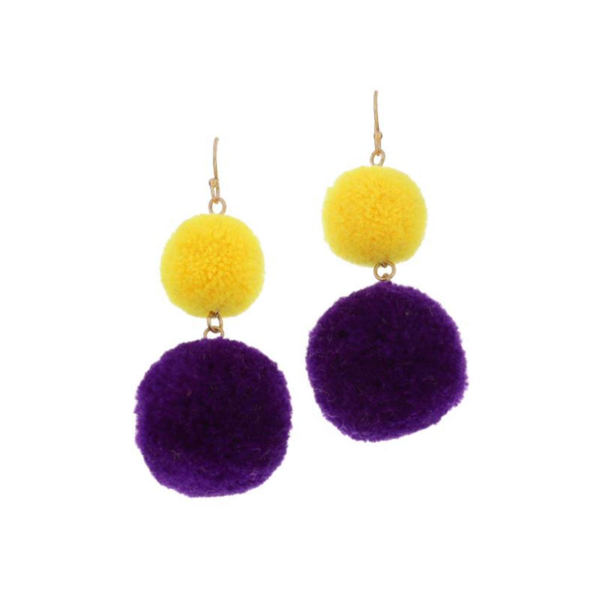 Tierred Golden Yellow Pom and Large Purple Pom Earrings