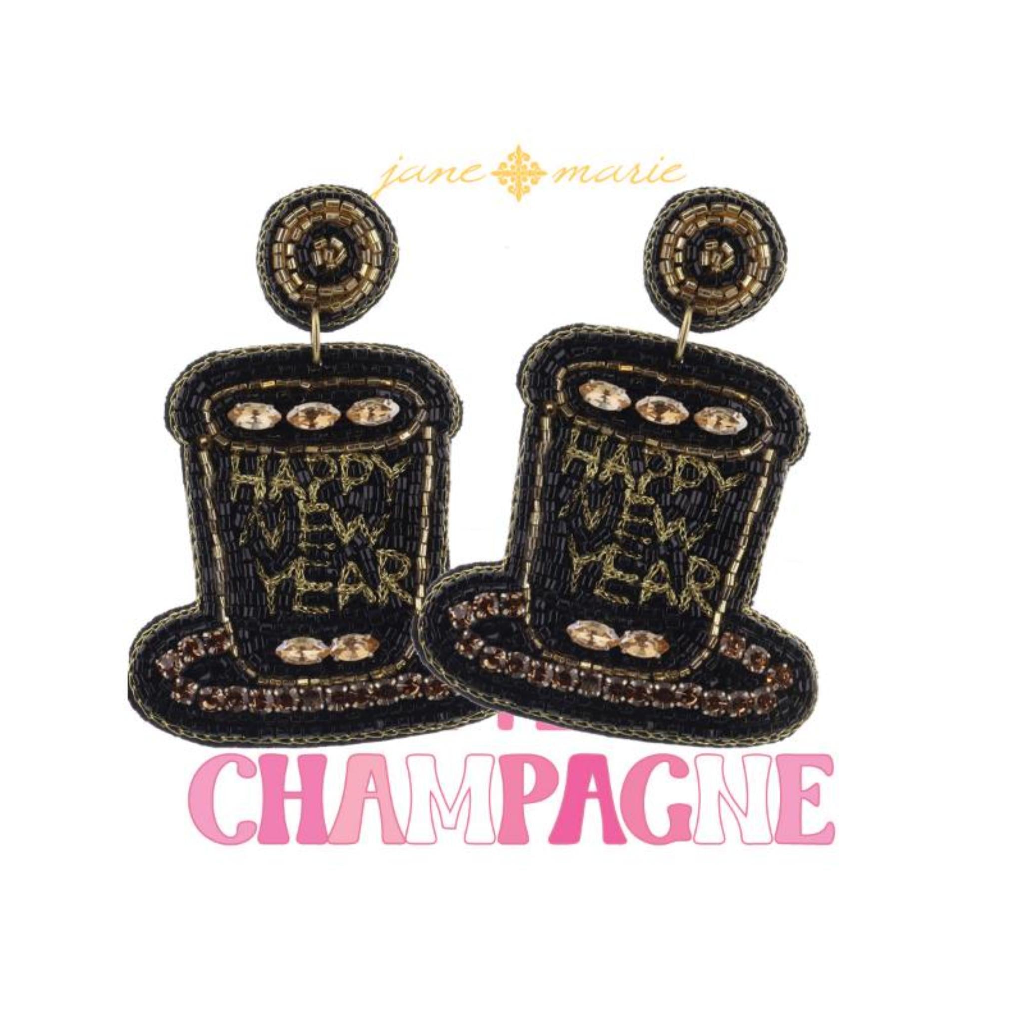 Black and Gold Beaded "HAPPY NEW YEAR" Hat Earrings