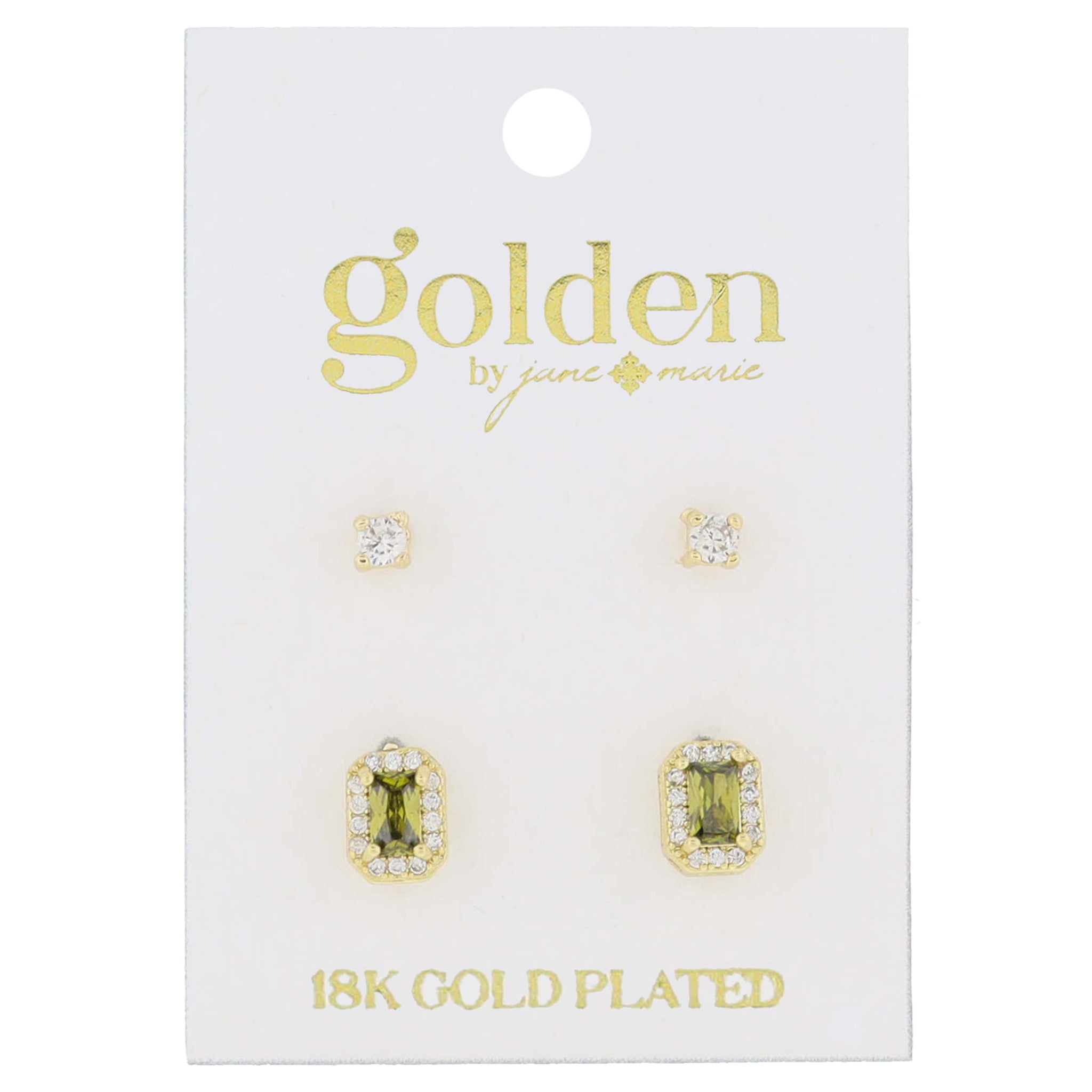 18K Gold Plated 2 Stud Set, Crystal, Peridot Baguette Earrings, .15", .35" Top to Bottom