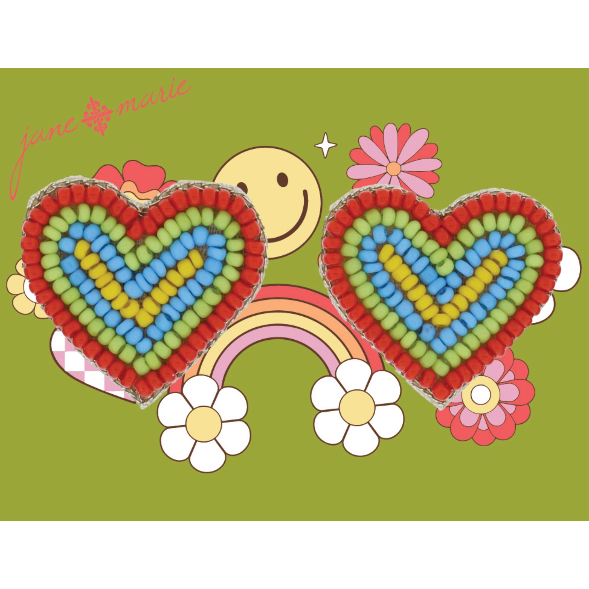 Red, Lime, Aqua, Yellow Beaded Heart Earrings, 1" Top to Bottom