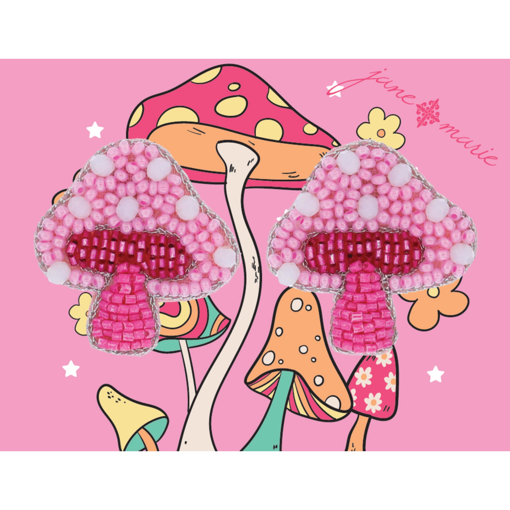 Multi Pink Beaded and White Faceted Beads Mushroom Earrings, 1.25" Top to Bottom