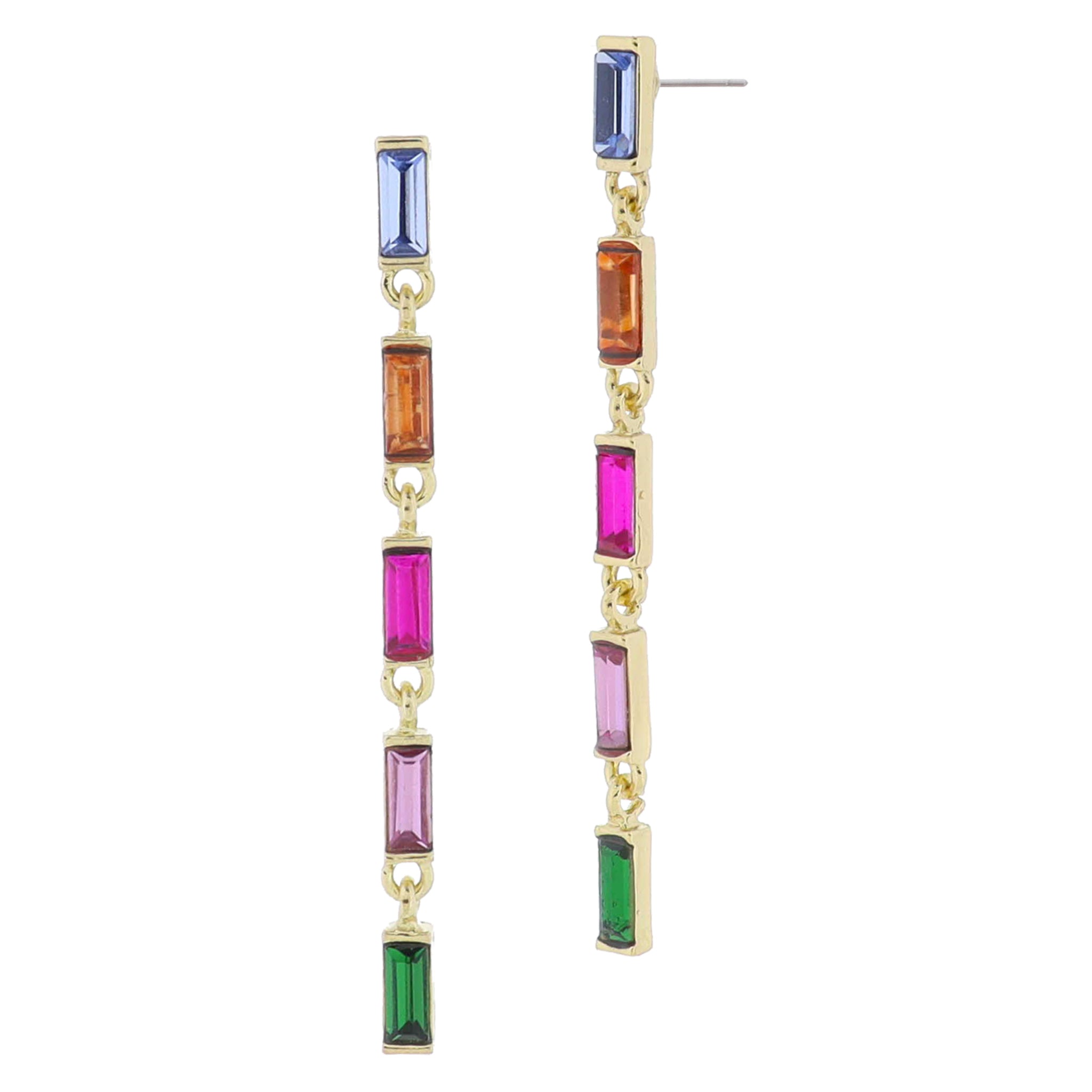 18K Gold Plated Multi Baguette Crystal Chain Dangle Earrings, 2.5" Top to Bottom