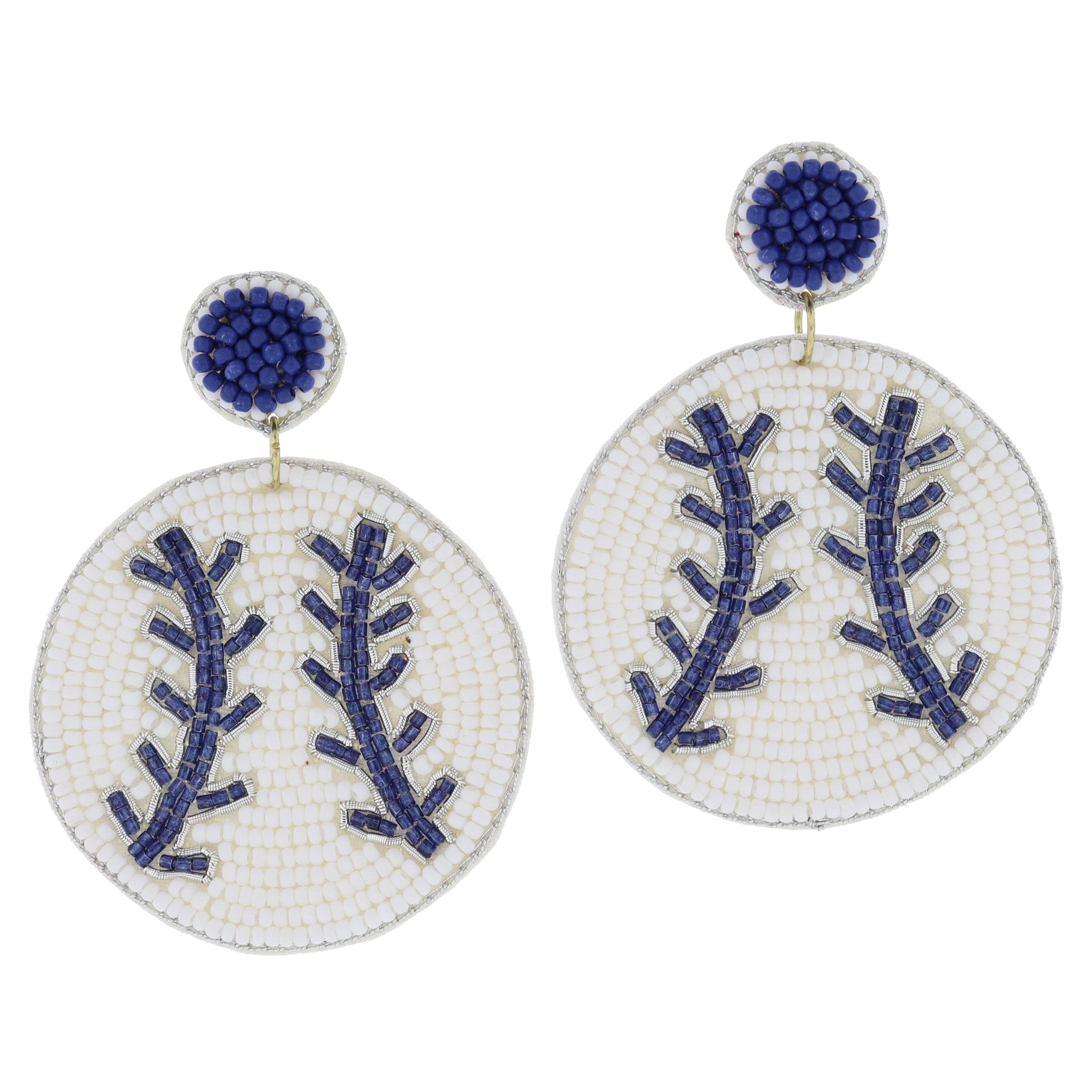 Navy Beaded Post with White and Navy Beaded Baseball Earrings, 2.75" Top to Bottom