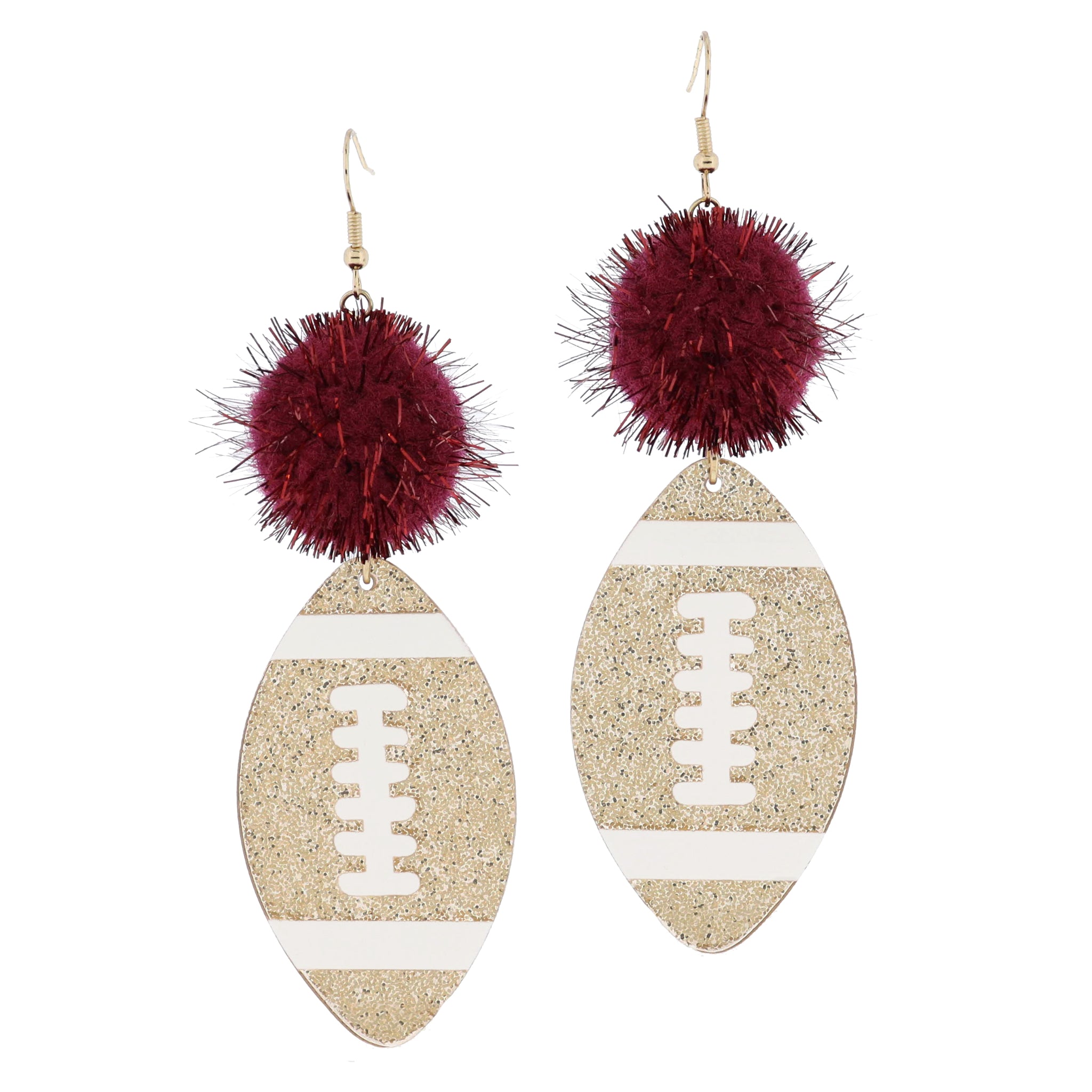 Maroon Tinsel Pom and Golden Glitter Acrylic Football Earrings, 3.5" Top to Bottom