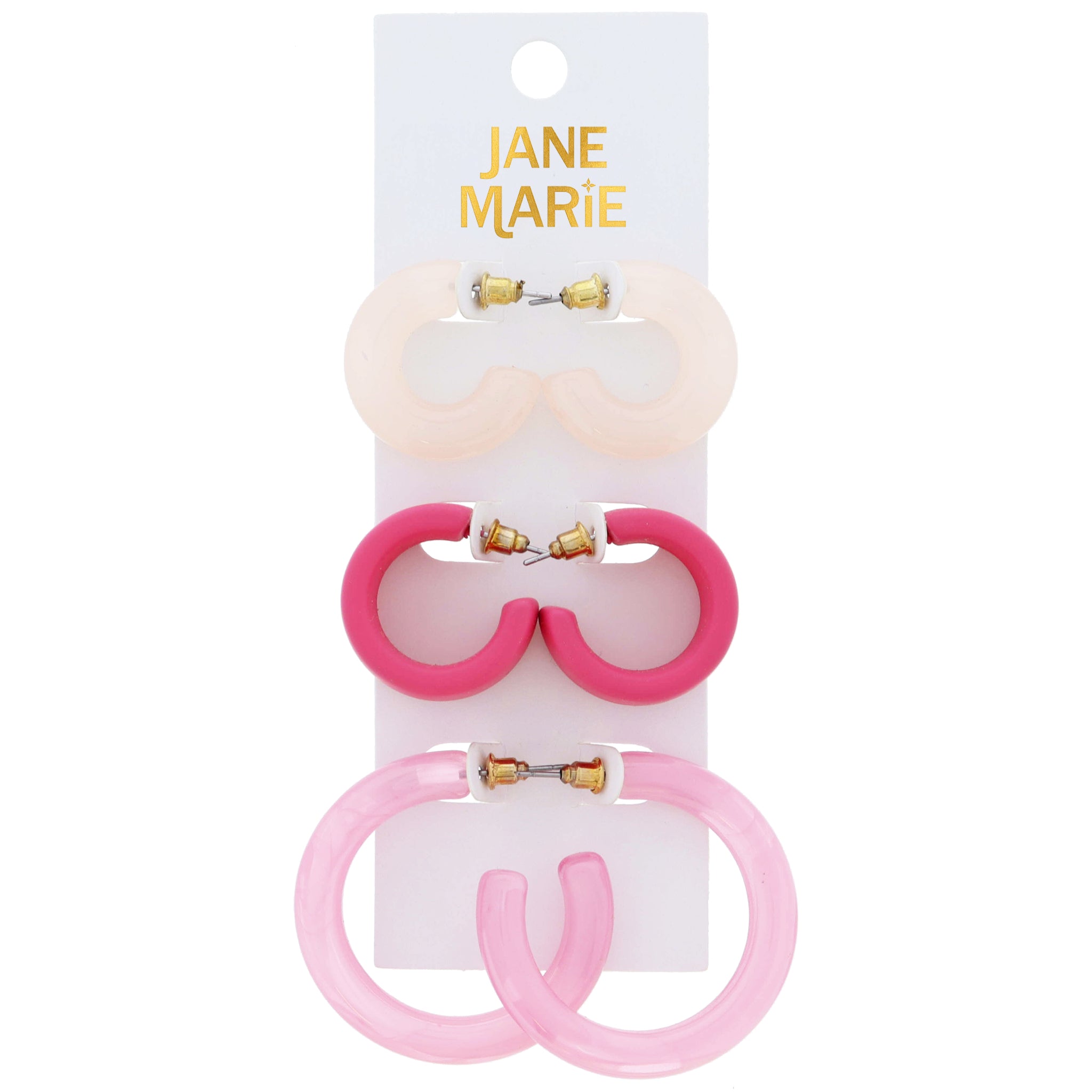 Set of 3, Shades Pink Resin Hoops Earrings, 1", 1", 1.65" Top to Bottom Wide