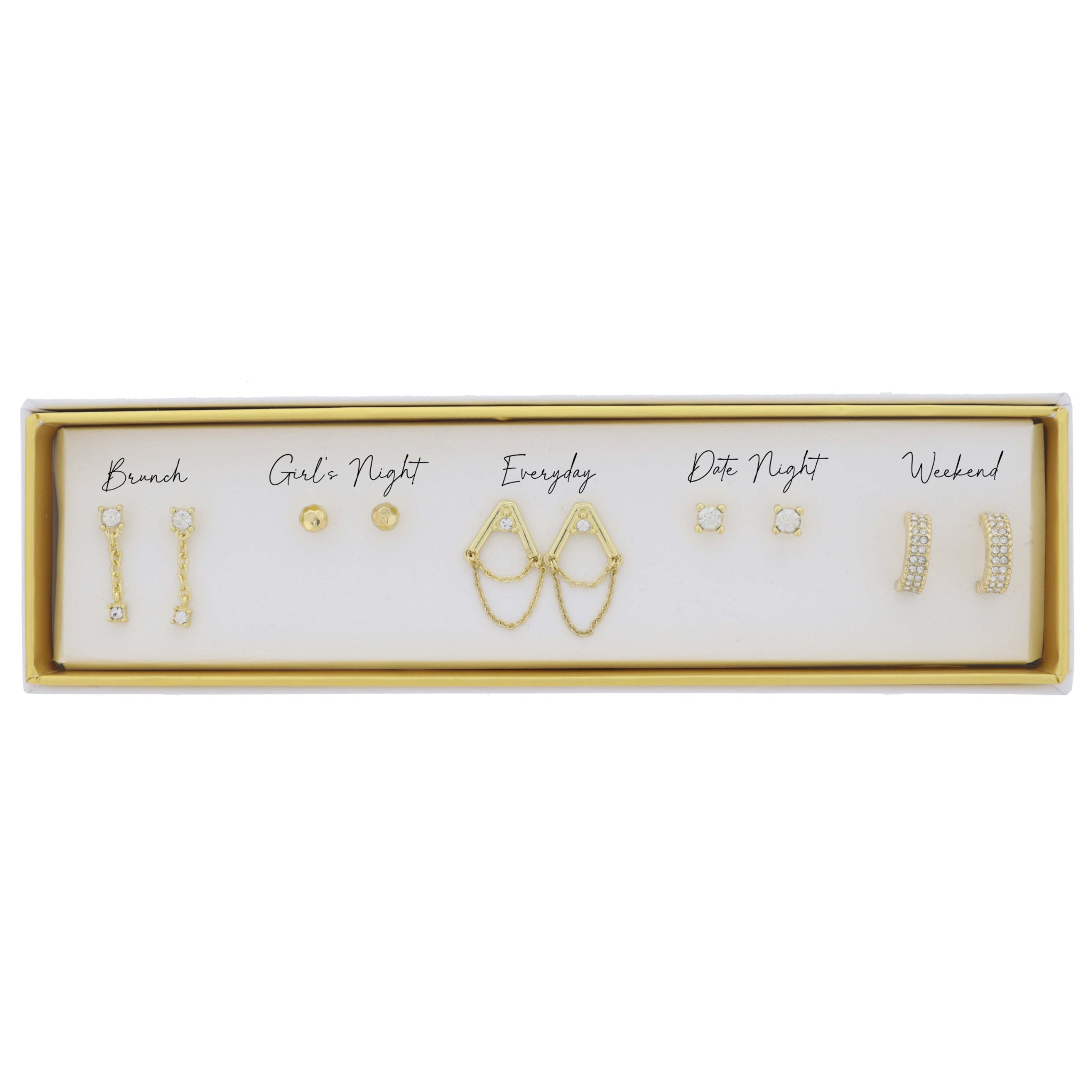 Set of 5, Chain Dangle, Gold Ball, Gold Arch with Crystal & Chain, Crystal, Half Hoop Earrings