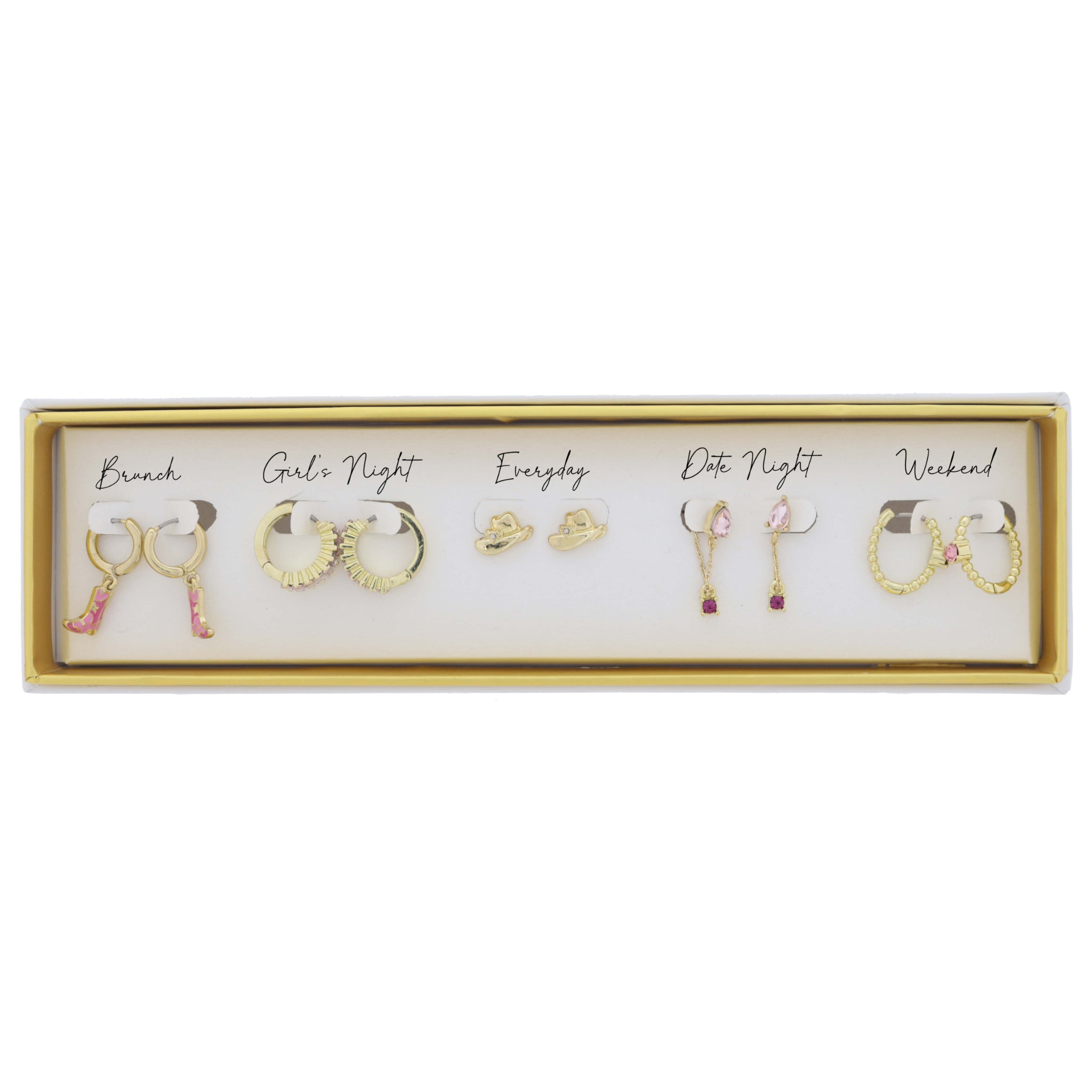 Set of 5, Huggie with Pink Boot, Pink Crystal Huggie, Hat, Pink Crystal & Chain, Huggie Earrings