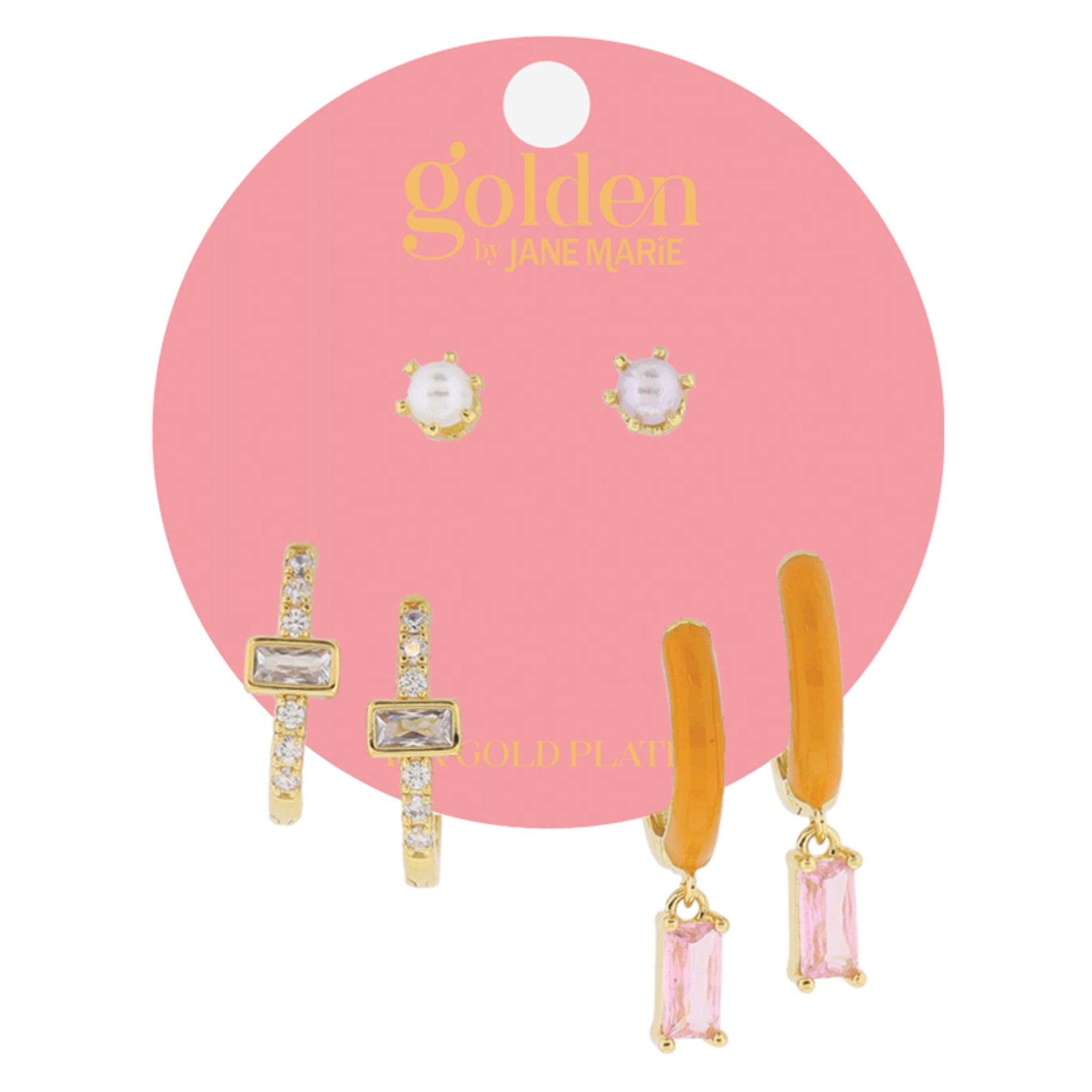 Golden Trio! 18K Gold Plated Pearl Stud, Crystal Huggie, Pink Crystal on Huggie Earrings Set