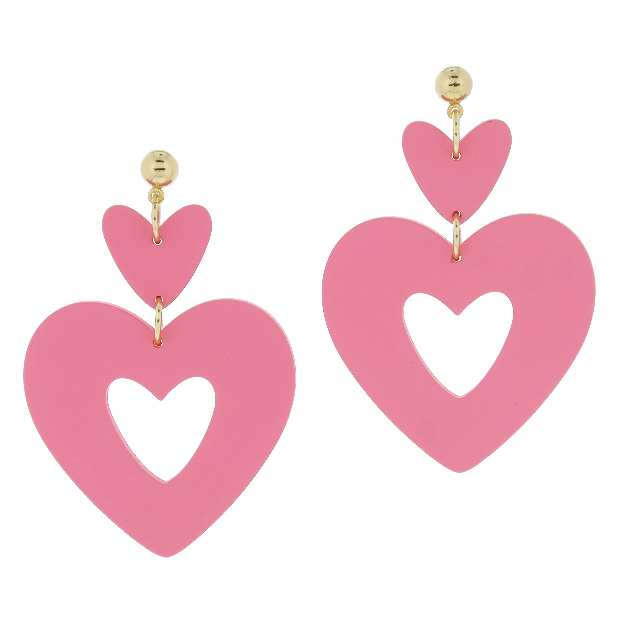 Gold Ball Post and Pink Heart and Larger Pink Open Heart Earrings