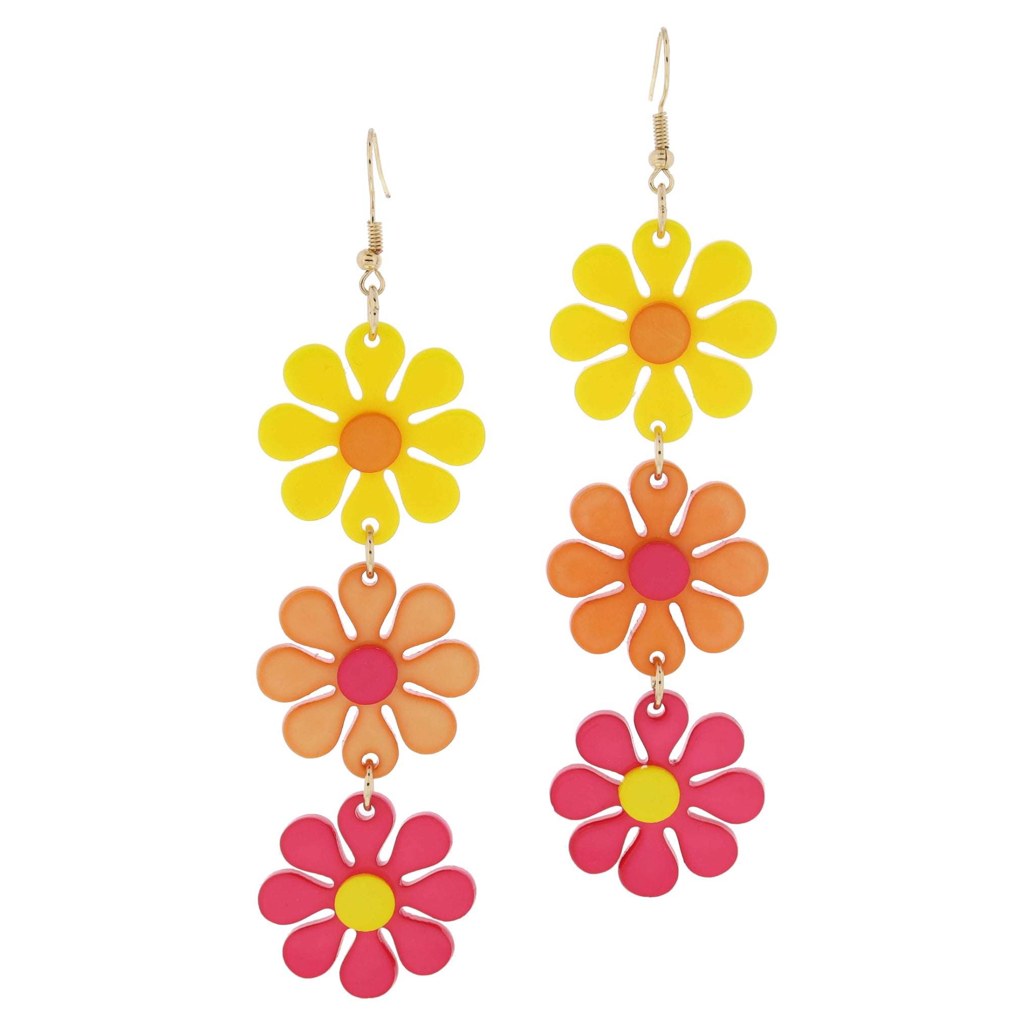 Stacked Alternating Yellow, Orange, Hot Pink Acrylic Flowers Earrings