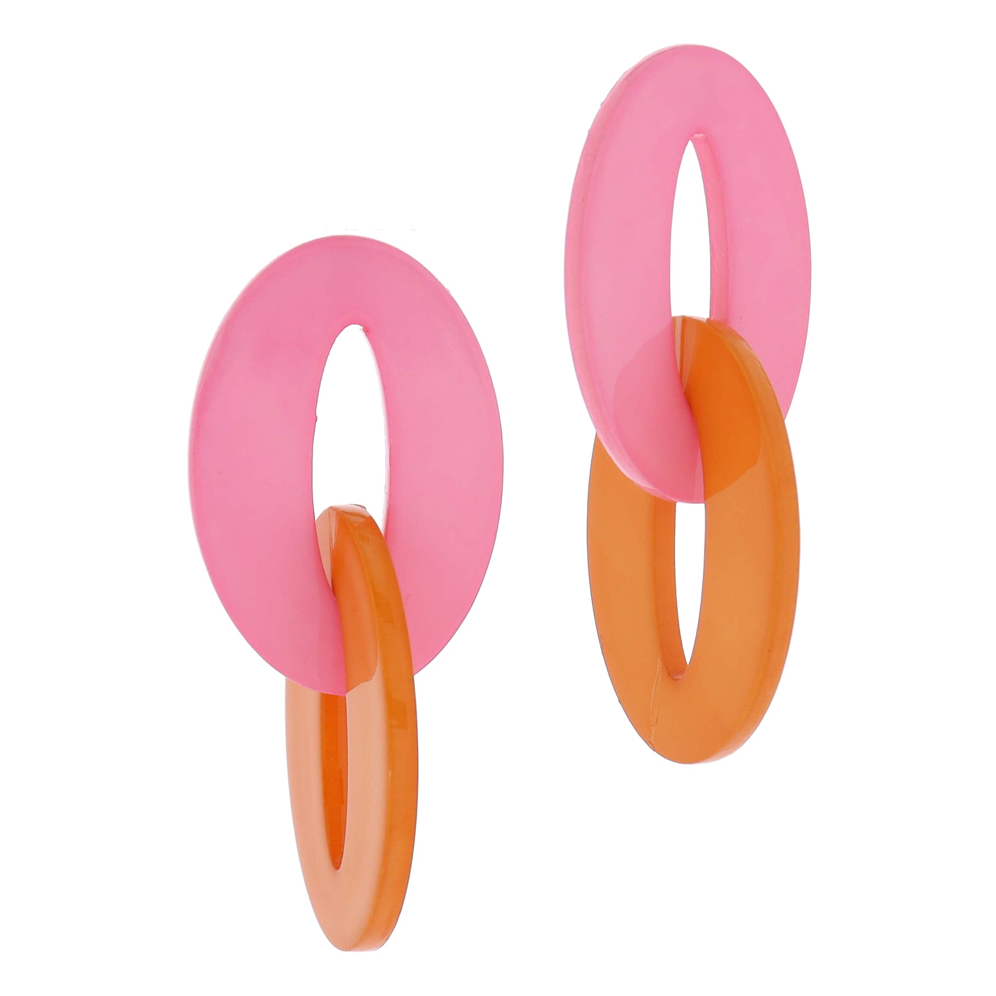 Elongated Pink and Orange Linked Acrylic Ovals Earrings