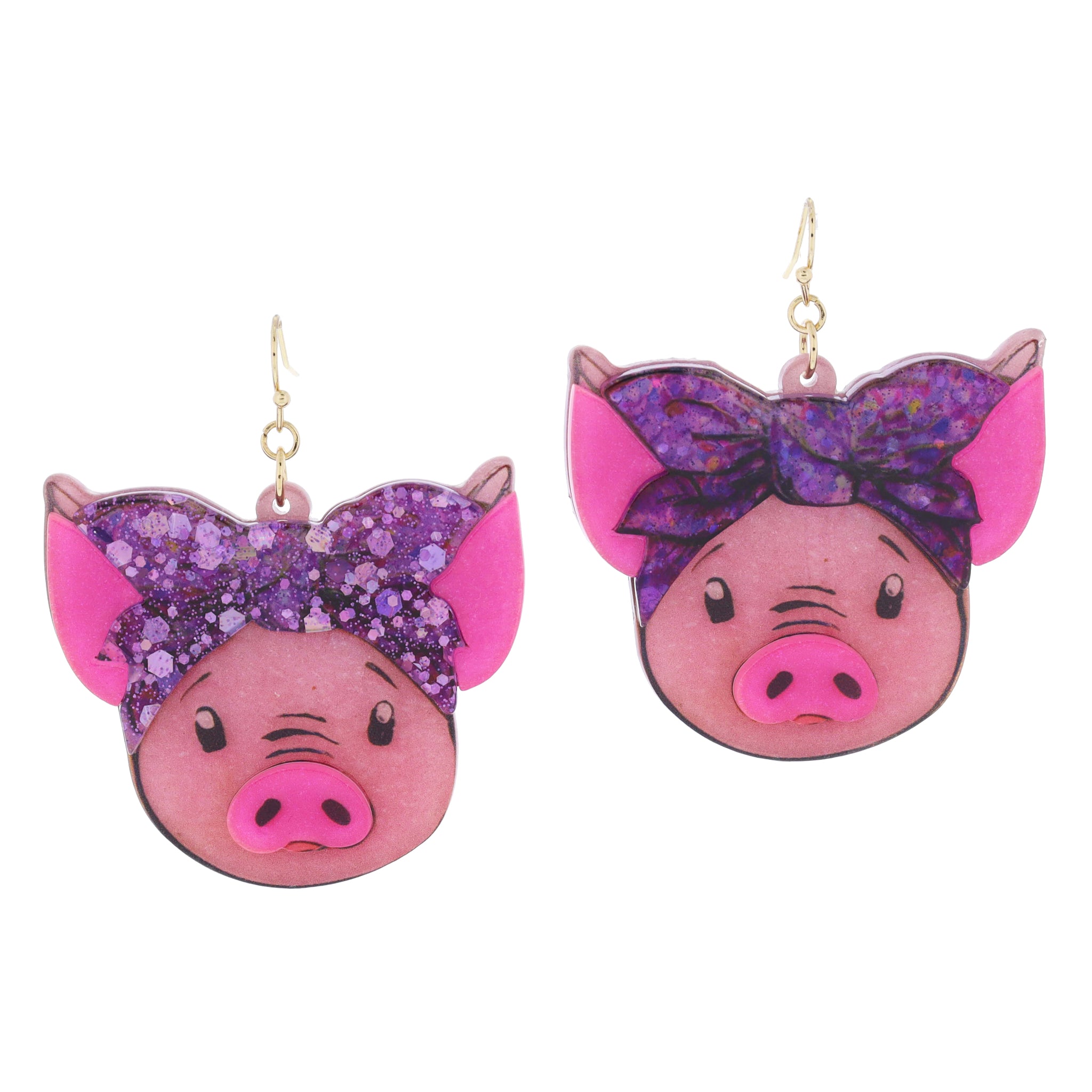 Multi Pink Glitter Acrylic Pig Head with Purple Glitter Bandana Bow Earrings