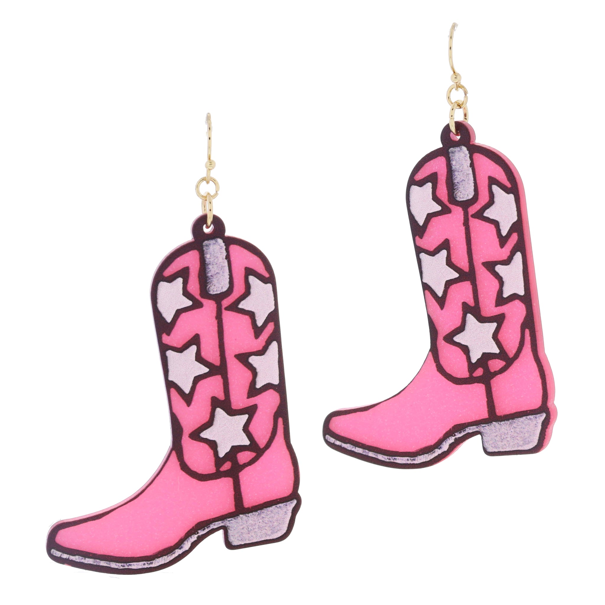 Neon Pink Glitter Acrylic Cowgirl Boots with White Stars Earrings