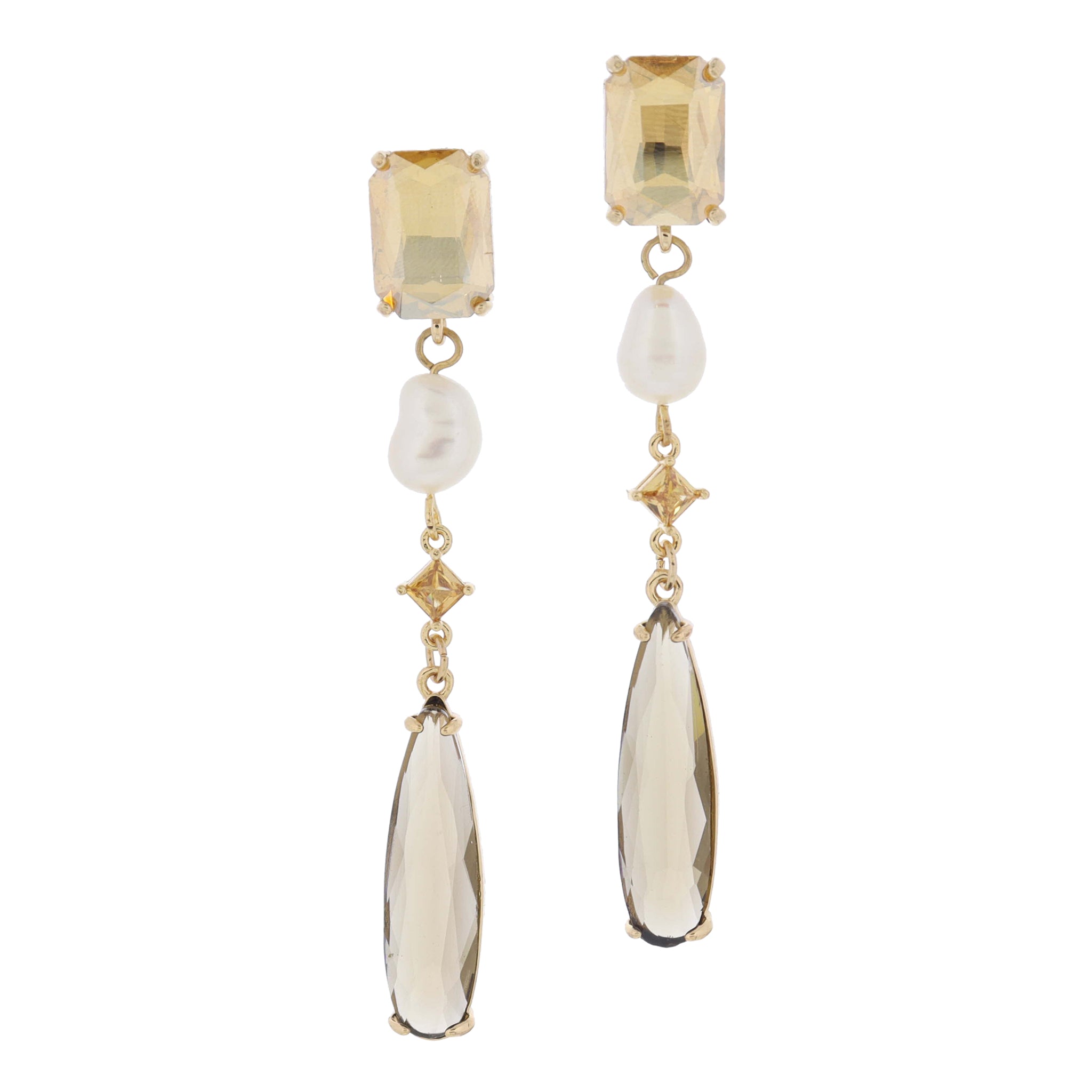 Champagne Emerald Crystal, Natural Pearl, Champagne Square Crystal, Grey Teardrop Crystal Earrings