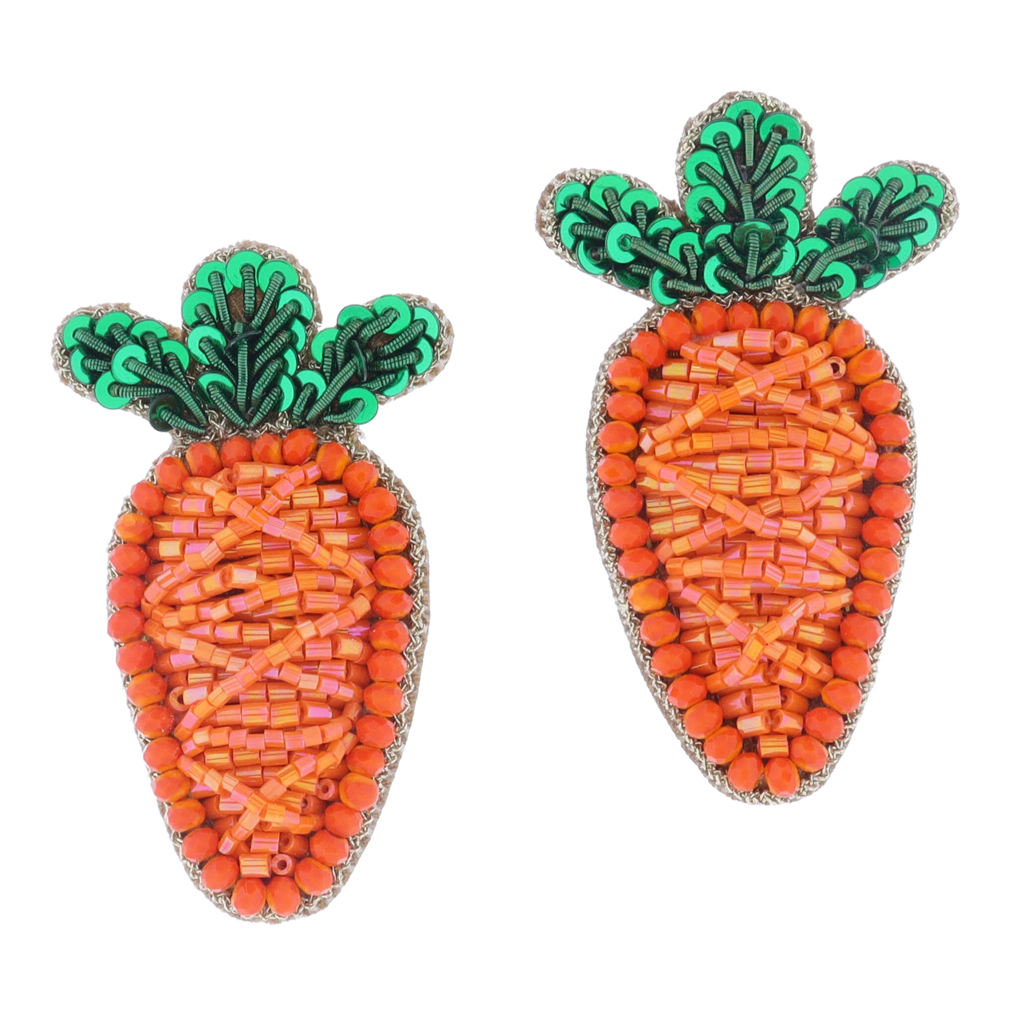 Green and Orange Beaded and Sequin Carrot Earrings, 2" Top to Bottom