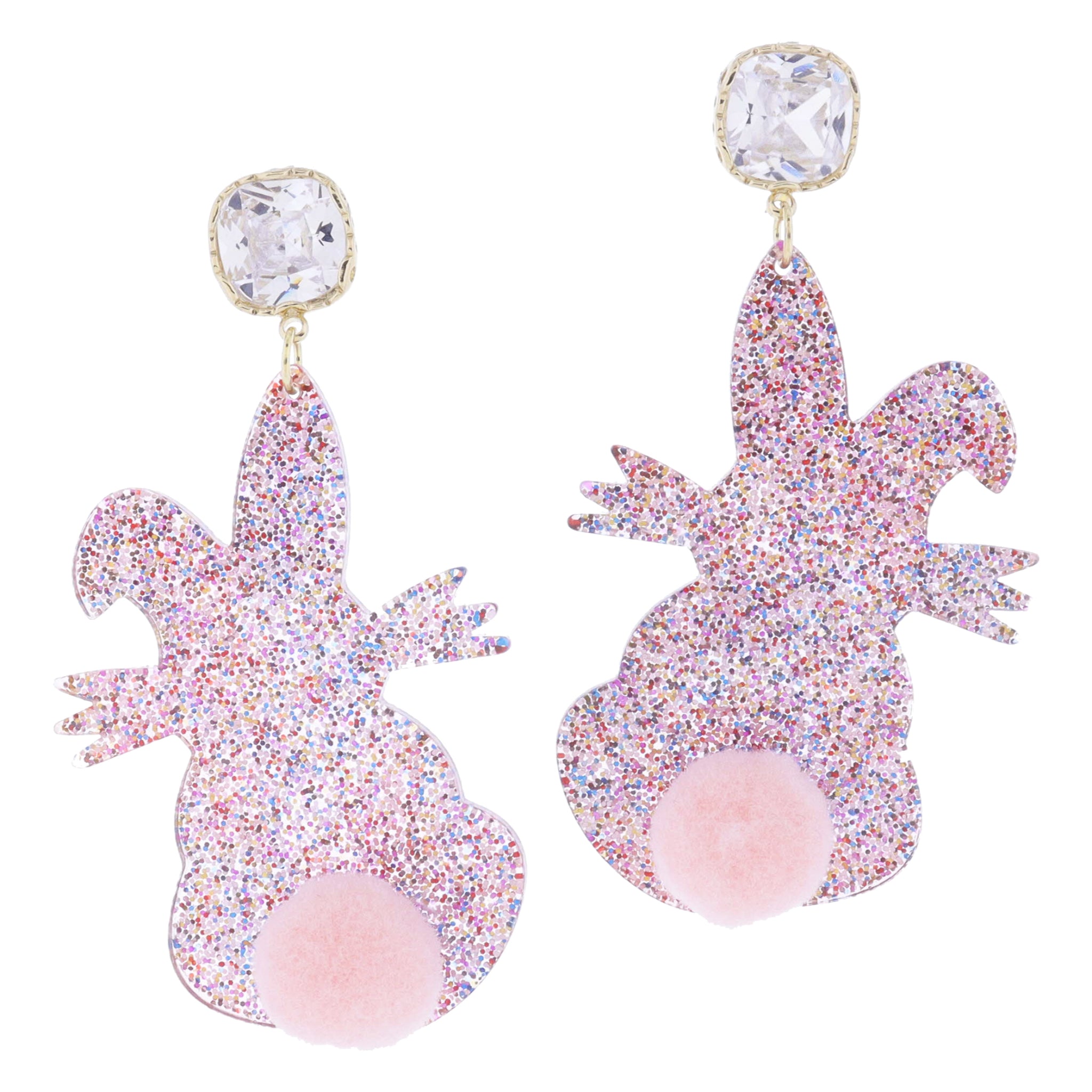 Clear Crystal Post and Multi Glitter Resin Bunny with Light Pink Pom Tail Earrings