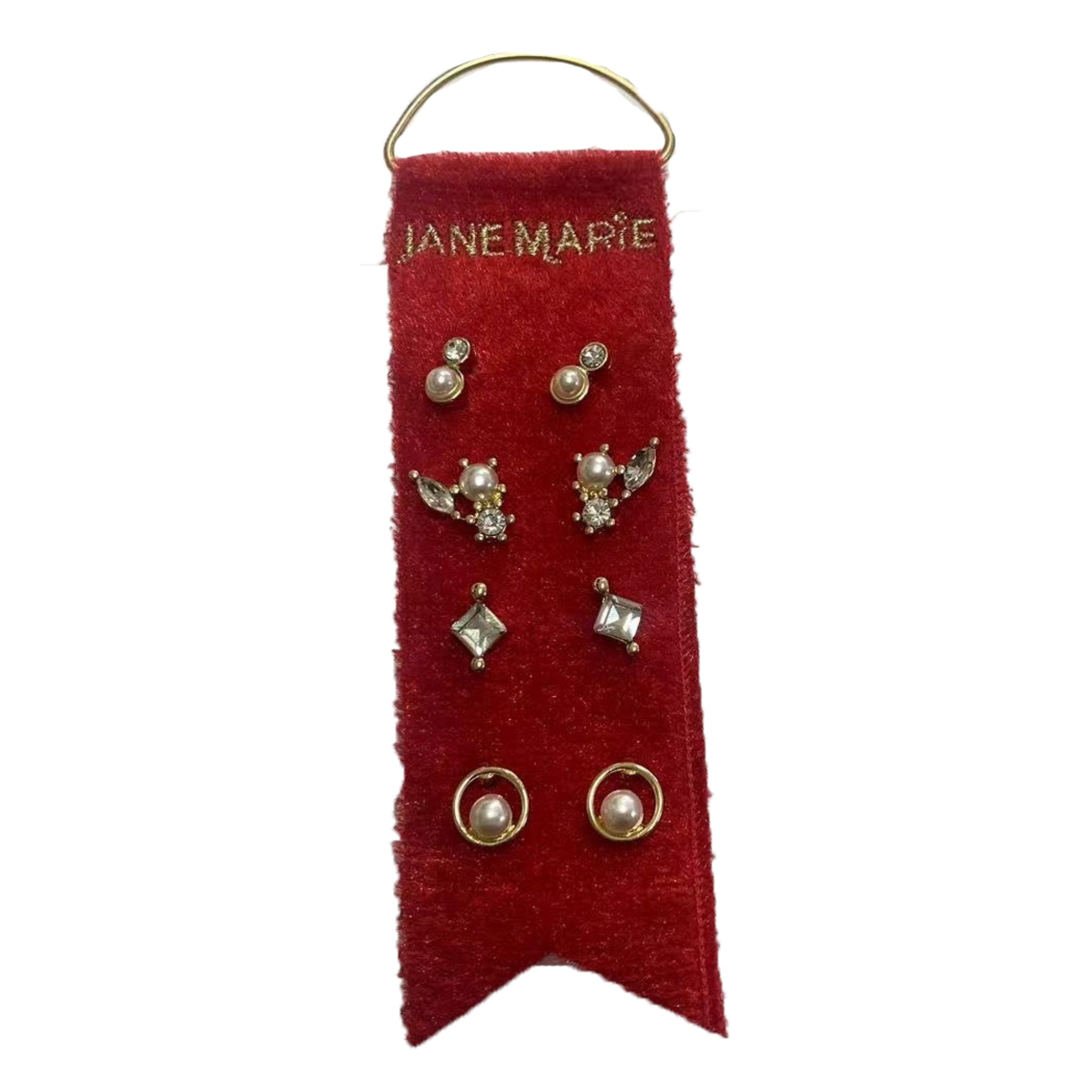 Crystal & Pearl, Pearl & Crystal Cluster, Gold Circle with Pearl, Square Crystal Earrings Stud Set