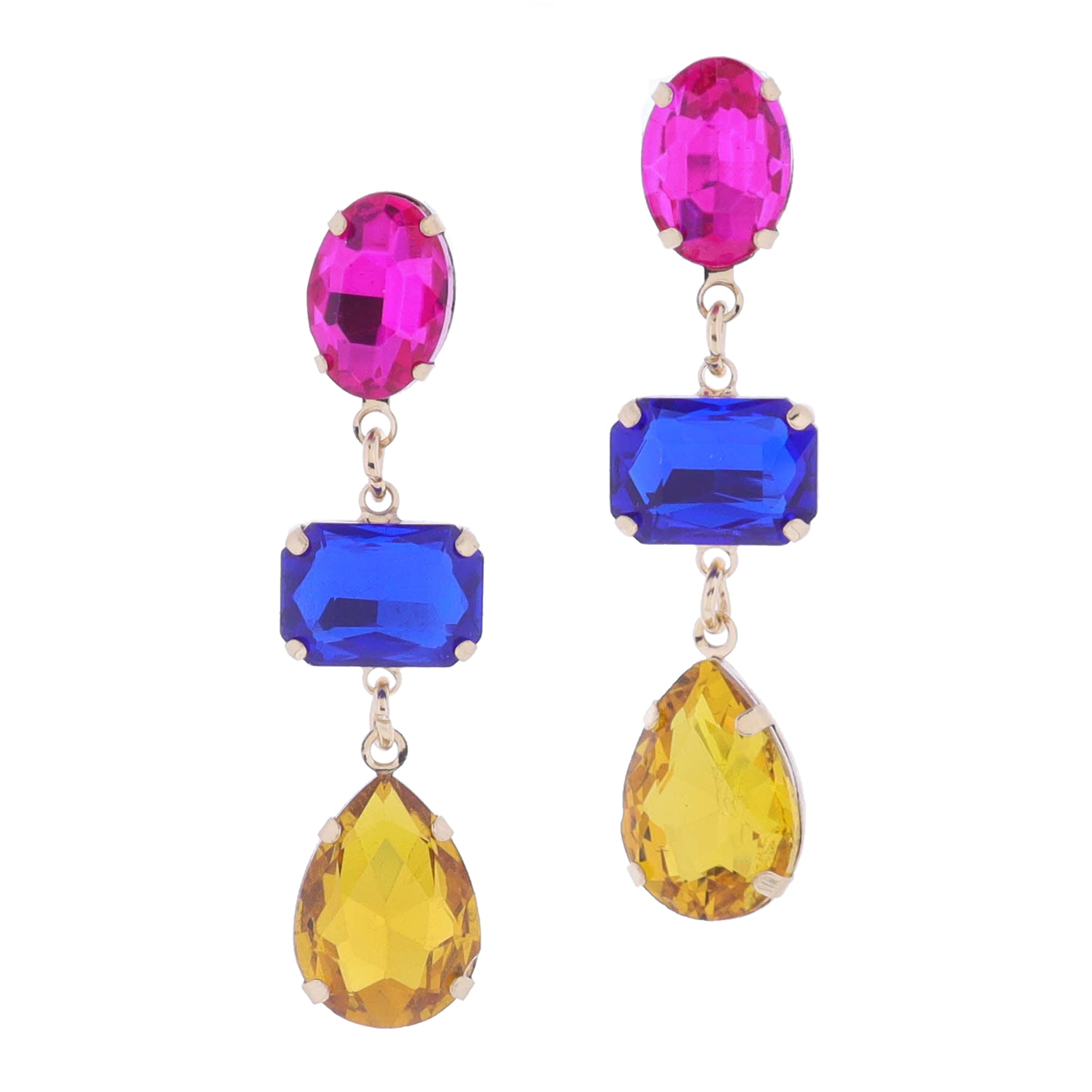 Hot Pink Oval, Deep Royal Blue Emerald Crystal, Golden Yellow Teardrop Crystal Earrings