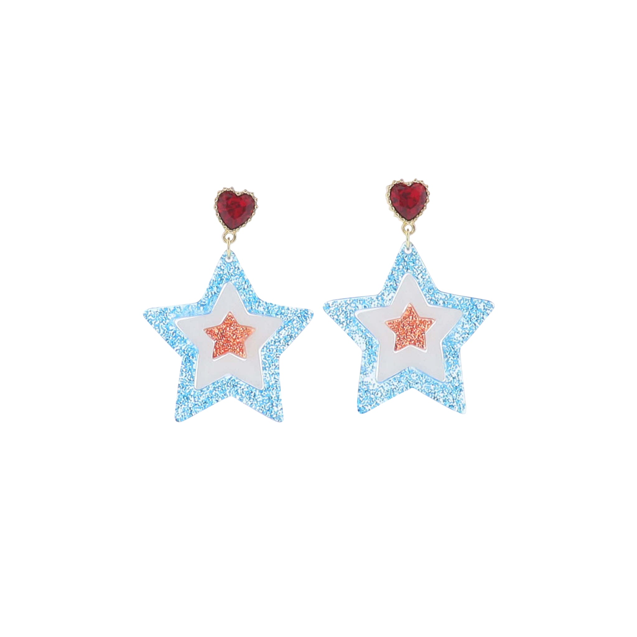 Red, White, Blue Acrylic Stars with Red Crystal Heart Post Earring