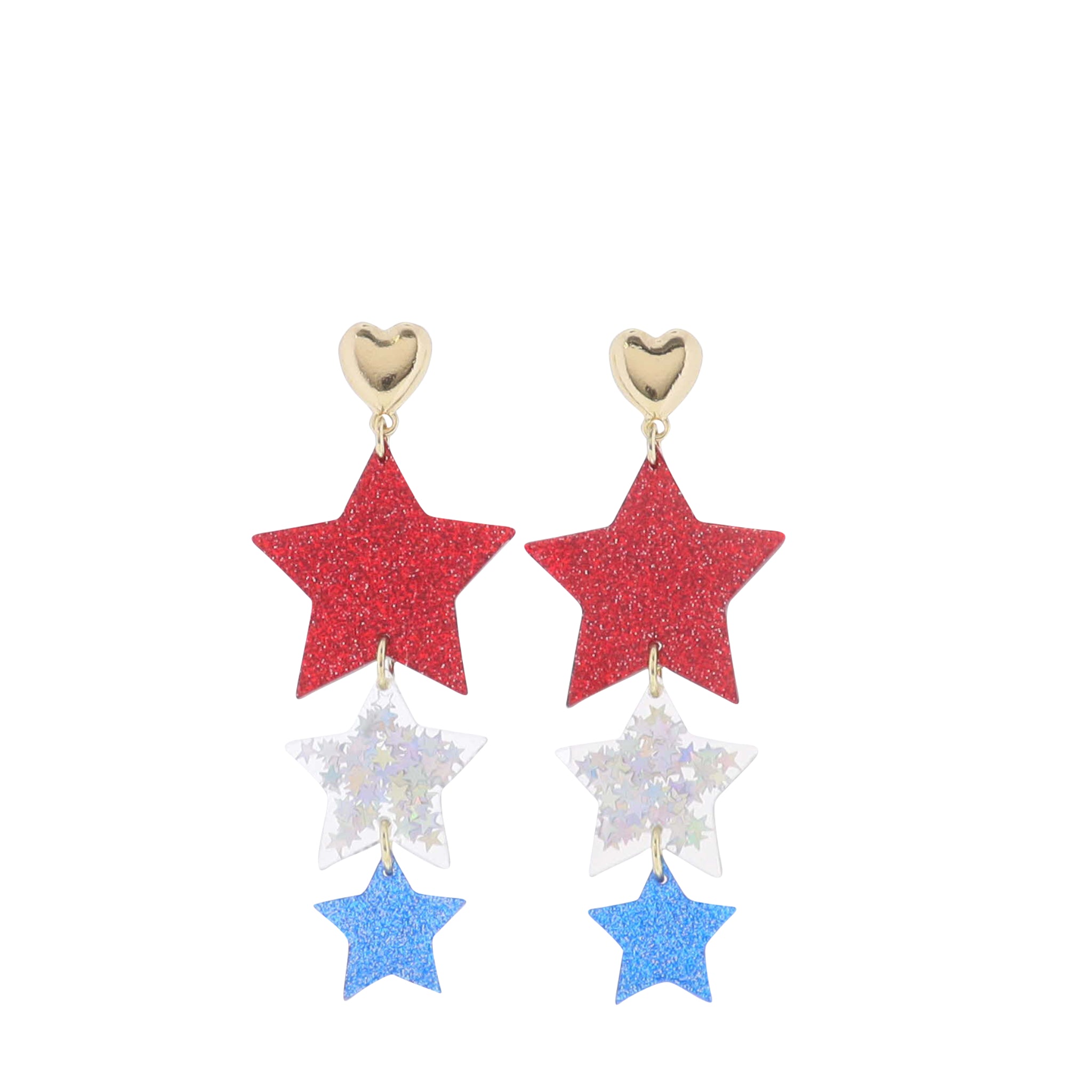 Red, Clear, Blue Acrylic Ascending Stars with Gold Heart Post Earring
