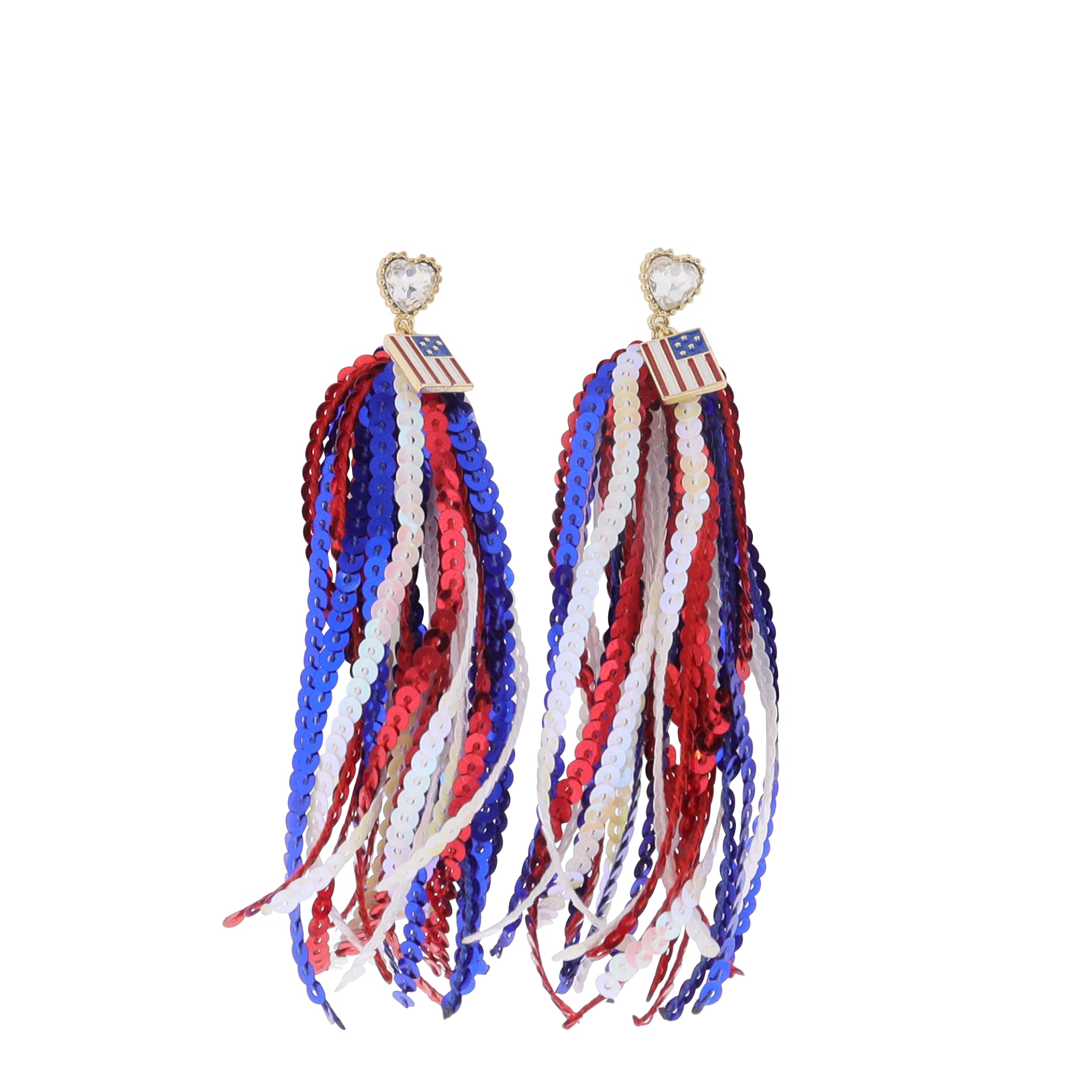 Red, White, Blue American Flag Charm Sequin Strands with Crystal Heart Post Earring