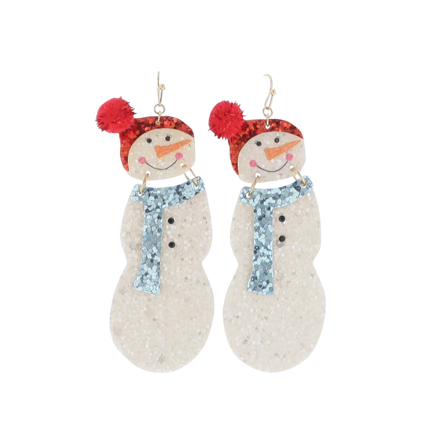 Red, White, Blue Glitter Snowman with Red Pom Earring