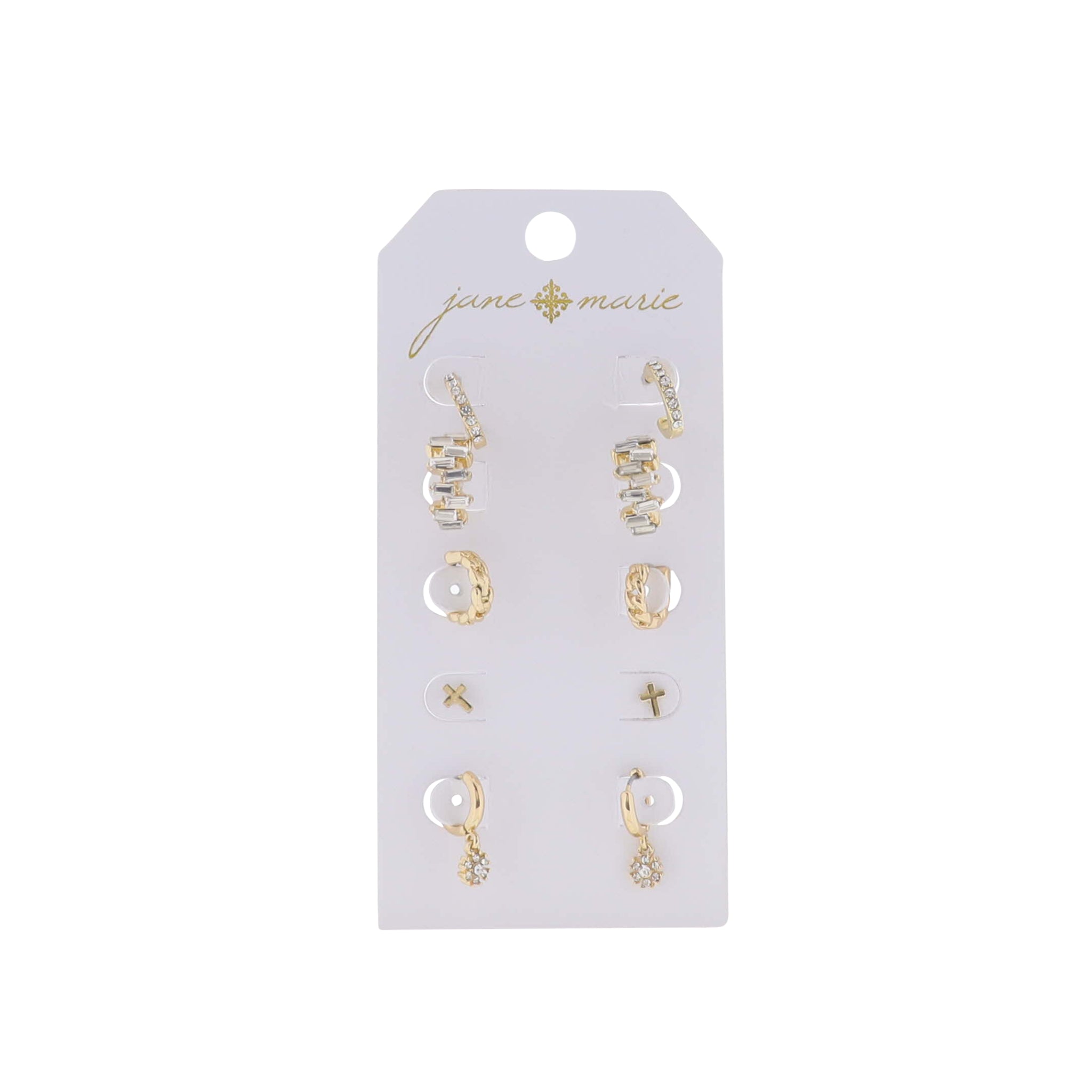 Set of 5, Gold Link Huggie, Gold with Crystals Huggie, Flower, Gold Cross, Gold with Crystals Hoop