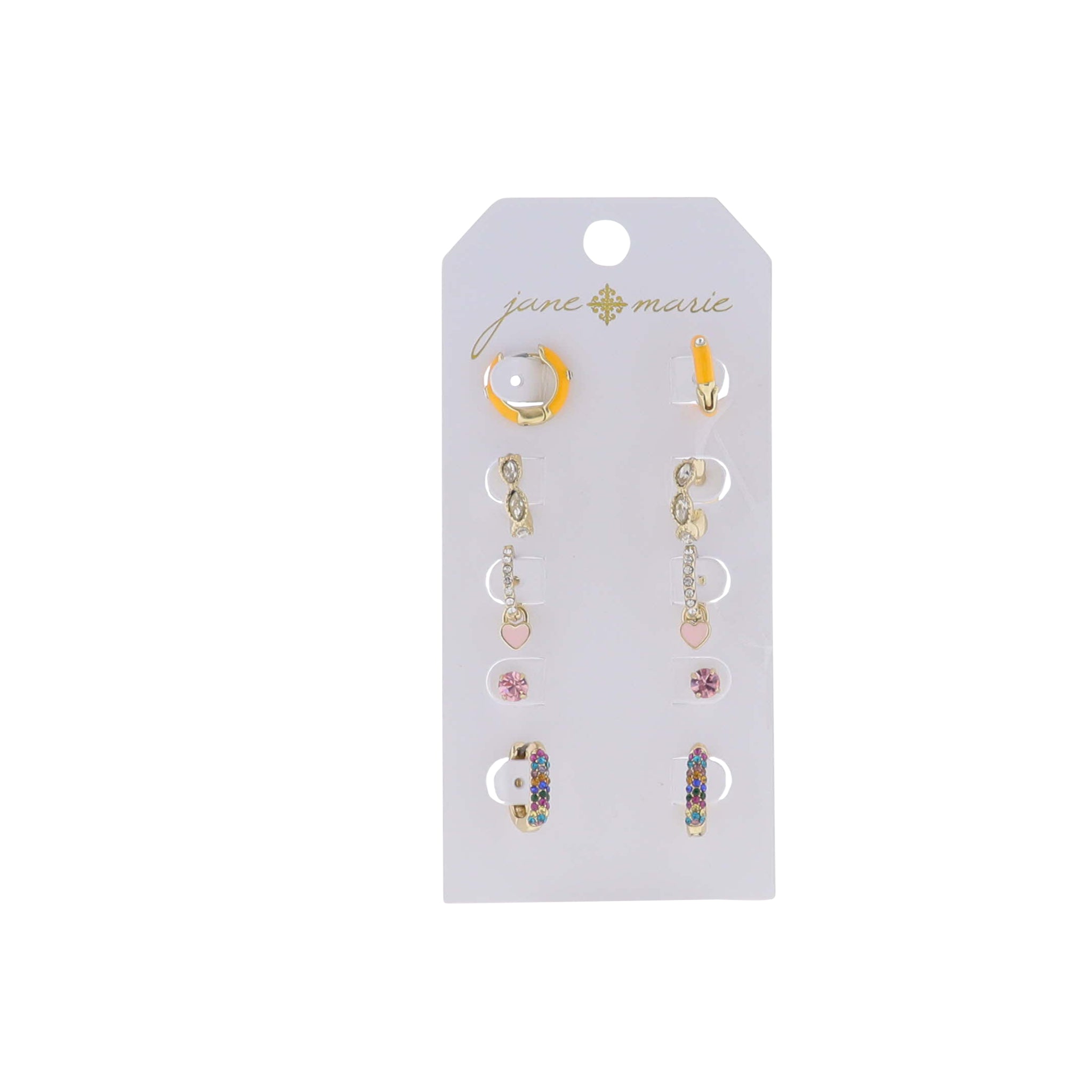 Set of 5, Orange Hoop, Crystal Marquise, Pink Heart, Crystal Oval, Pink Crystal Earring