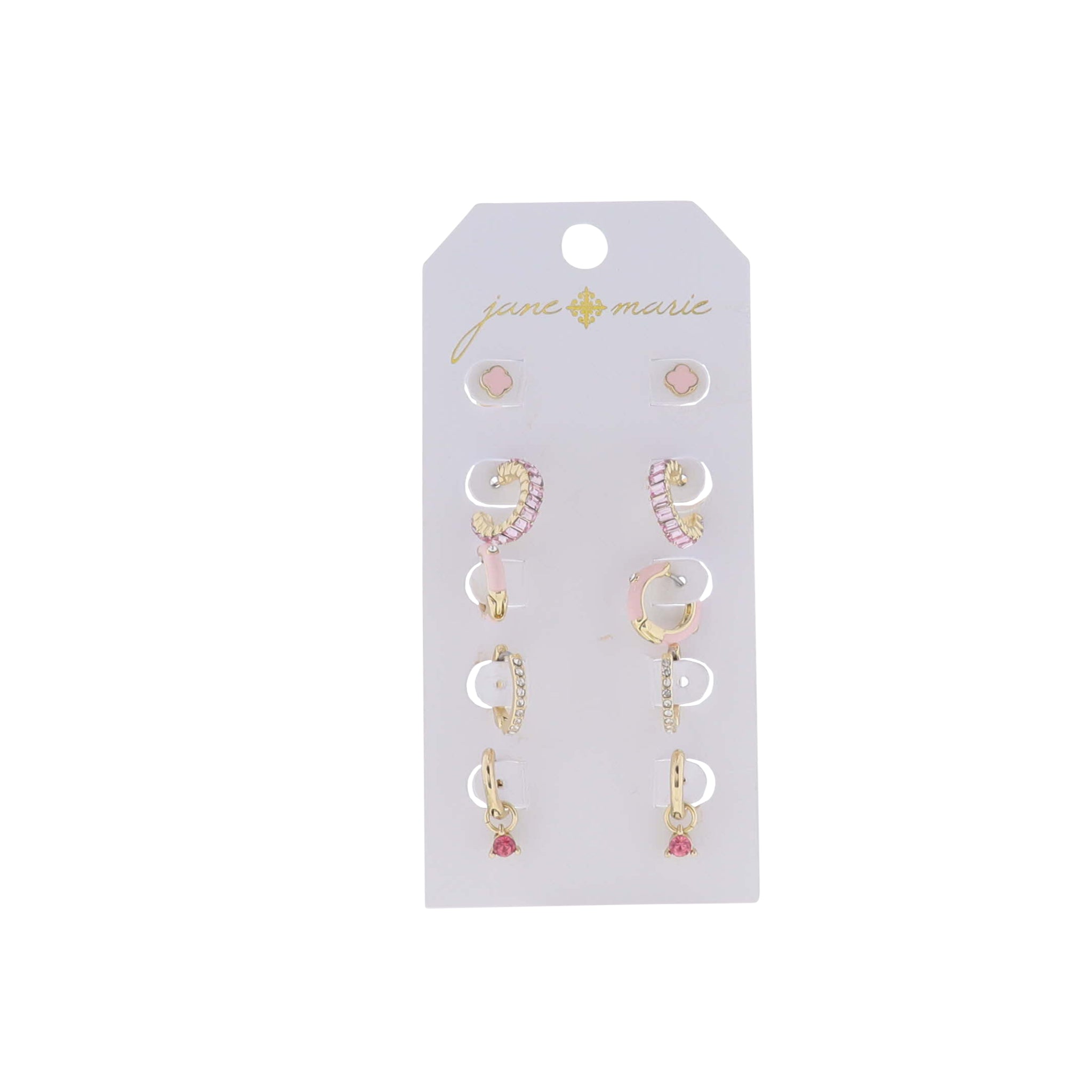 Set of 5, Gold & Crystals, Pink Crystal Hoop, Pink Hoop, Pink Crystal, Pink Quatrefoil Earring
