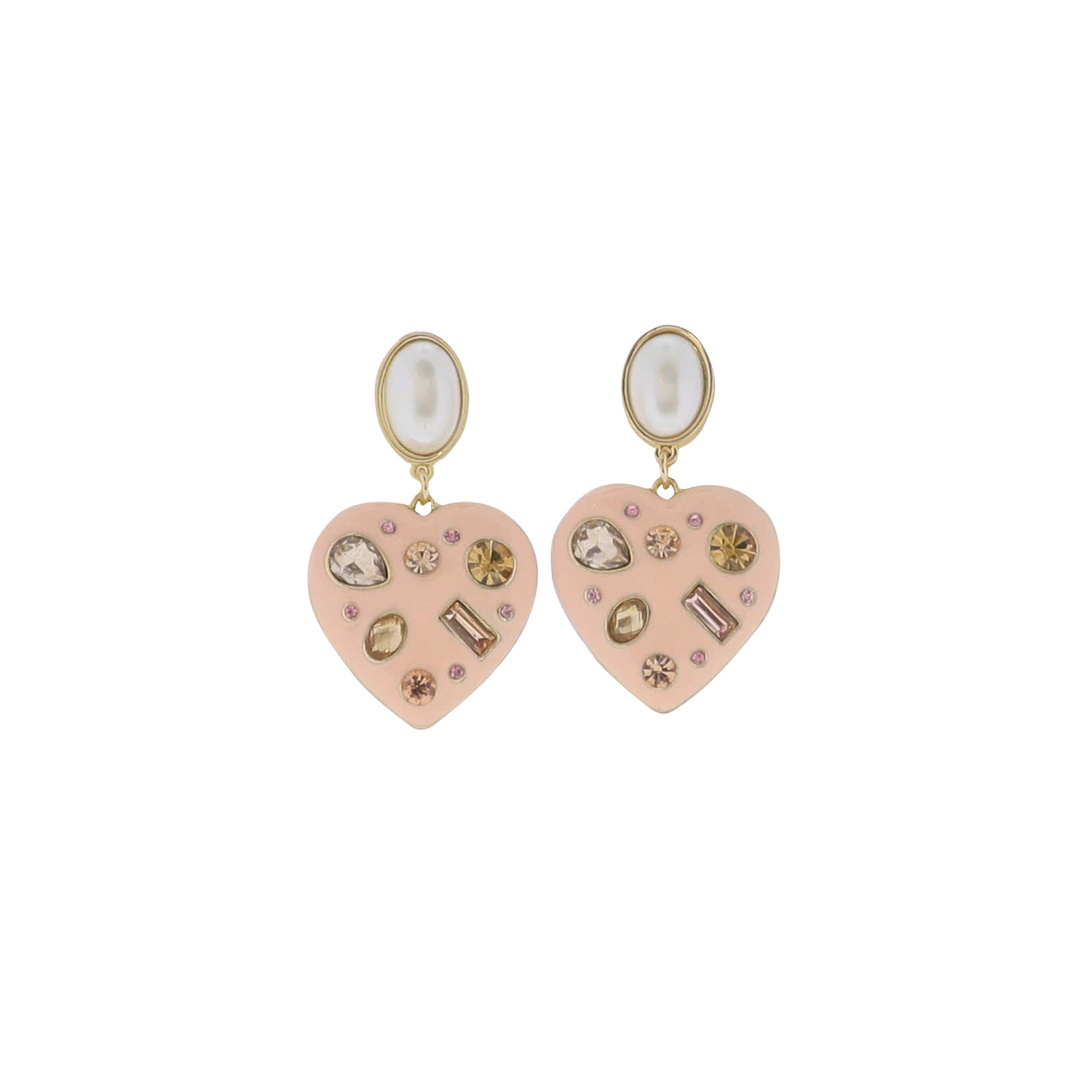 Pinkm Champagne, White Pearl Post with Pink Enamel Heart with Crystal Accents Earring