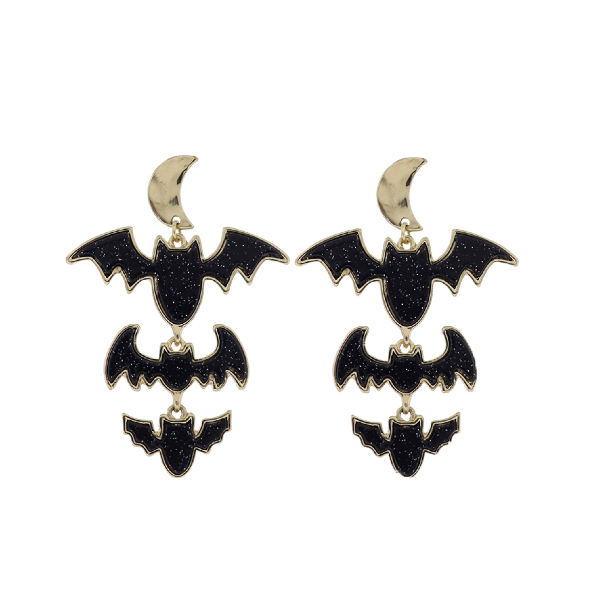 Moon with Jet Descending Bats Earring
