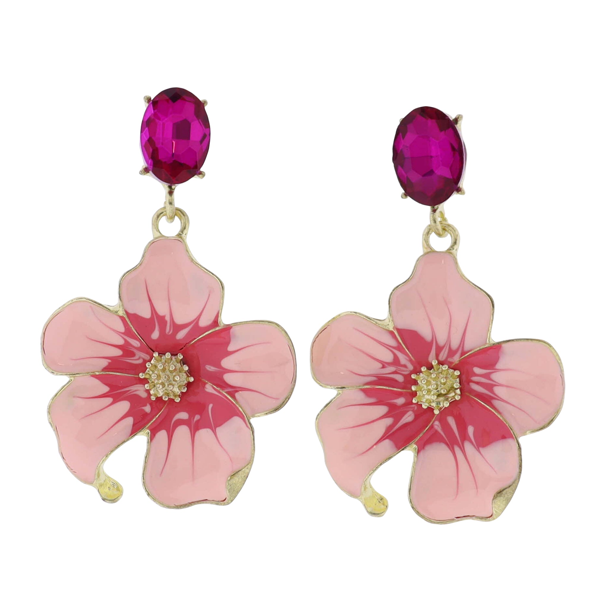 Pink Enamel Medium Flower Earring with Fuschia Crystal Post
