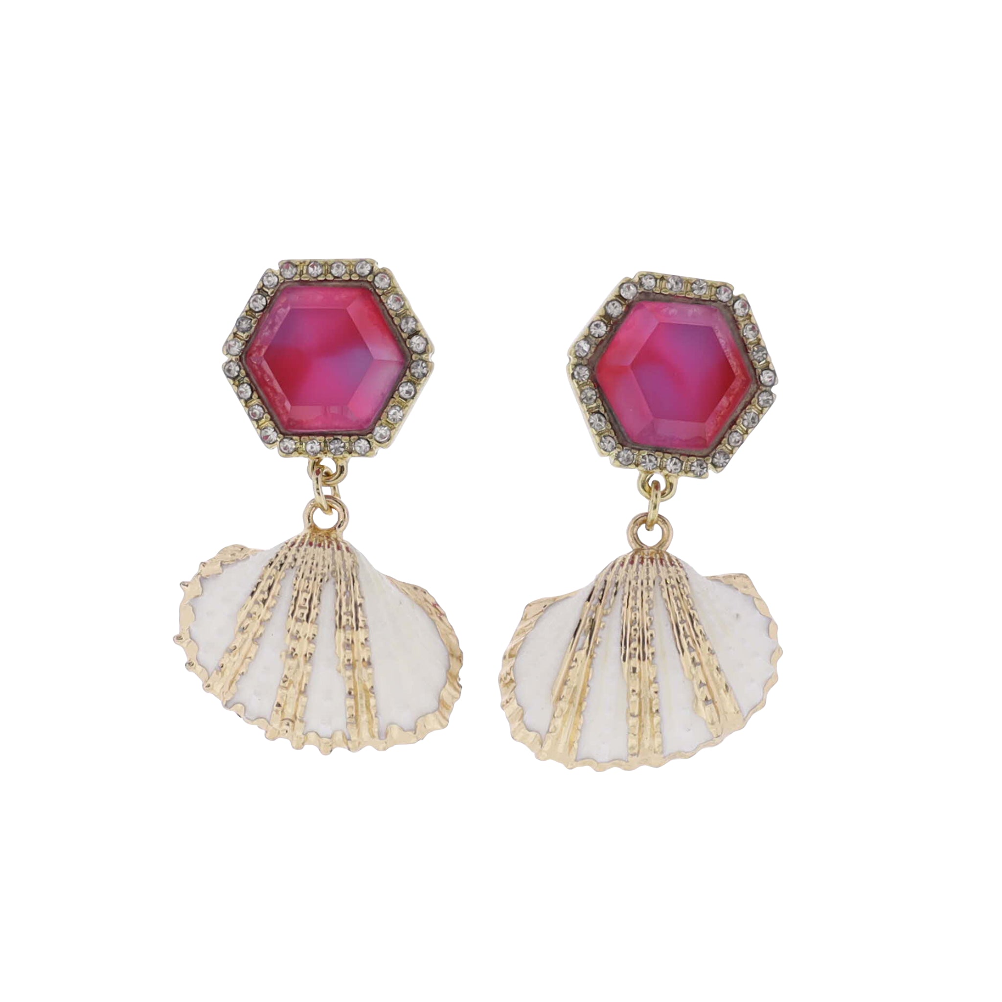 White Shell Earring with Pink Crystal Hexagon Post