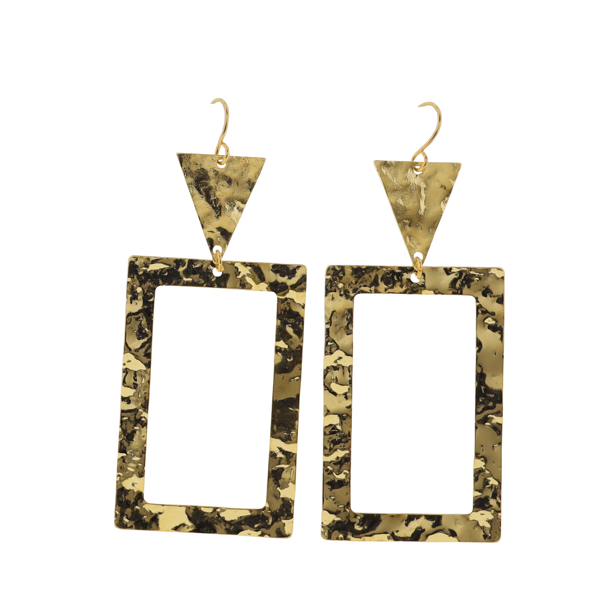 18K Gold Plated Gold Hammered Triangle Earrings with Gold Hammered Open Rectangle