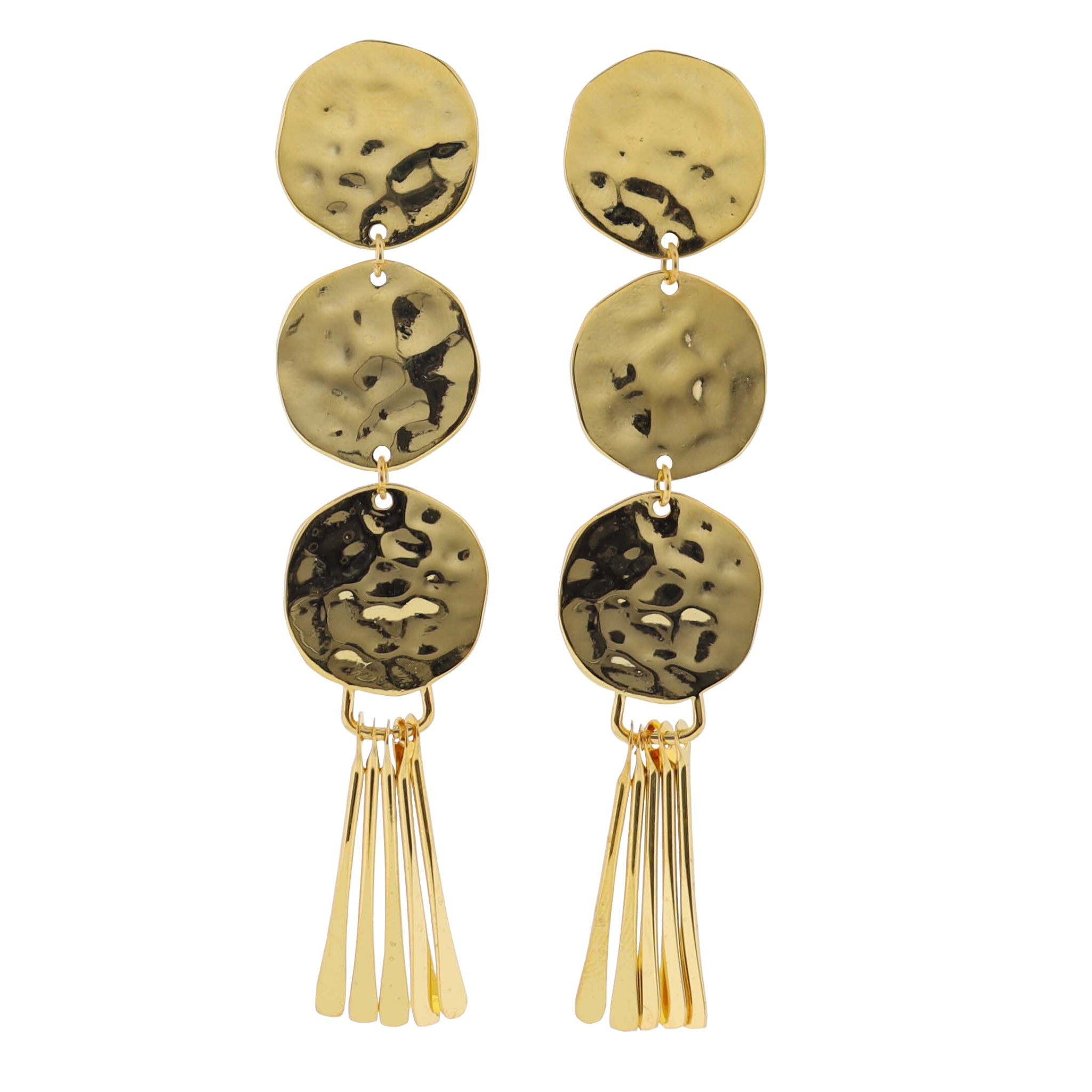 18K Gold Plated Gold Hammered Descending Disks Earrings with Gold Fringe