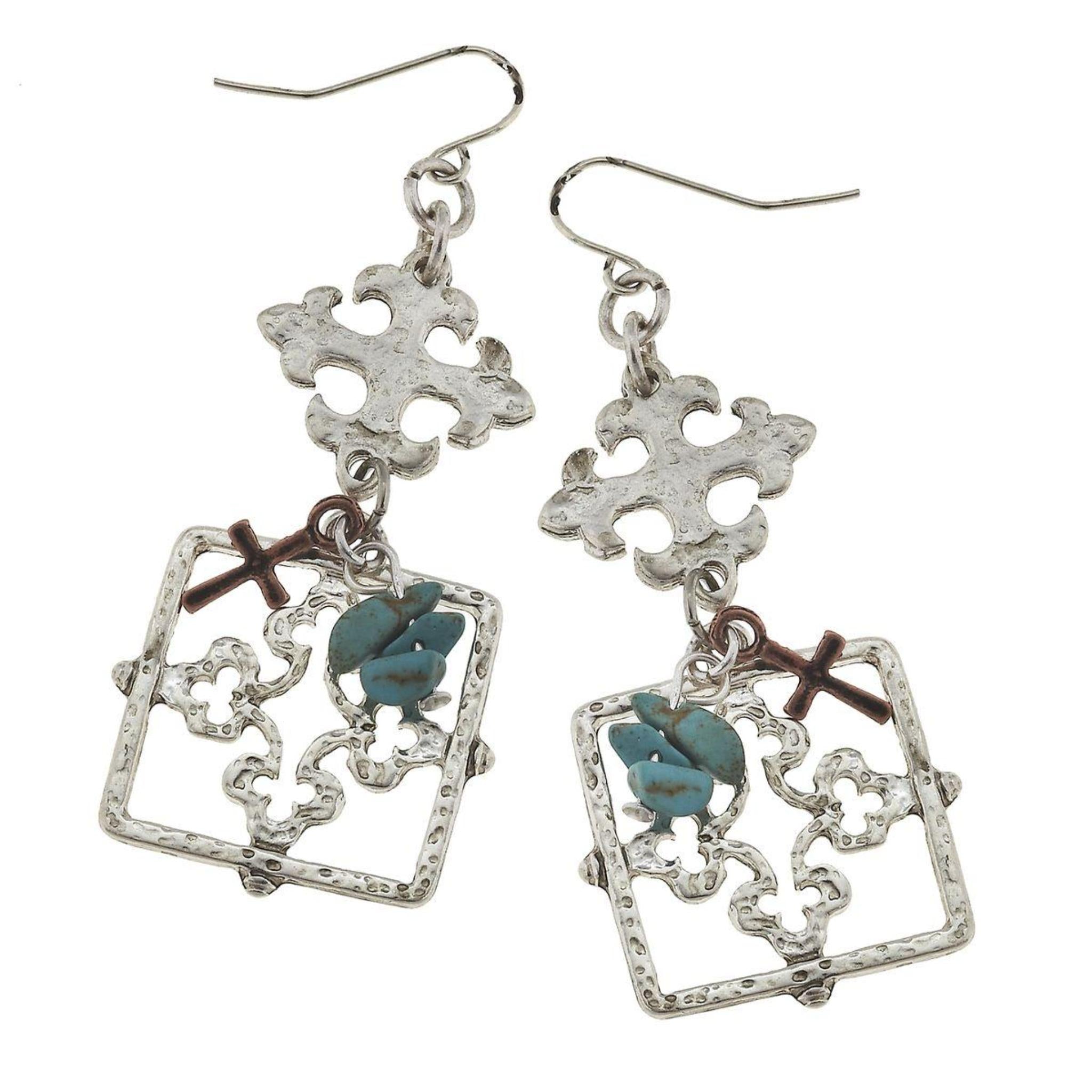 Silver Square with Charm Cluster Earring