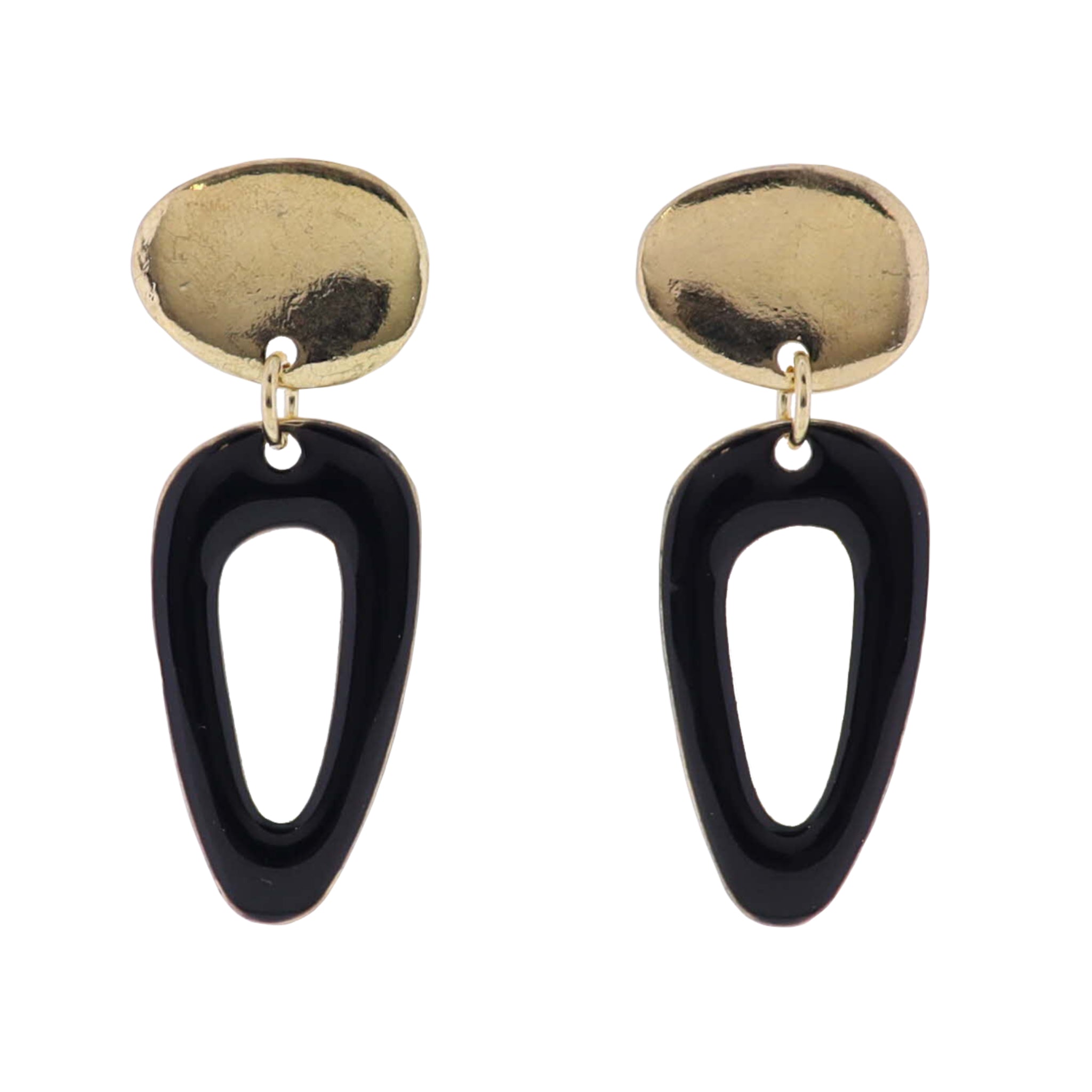 Gold, Black Enamel Freeform Gold Oval with Black Open Shape Earring