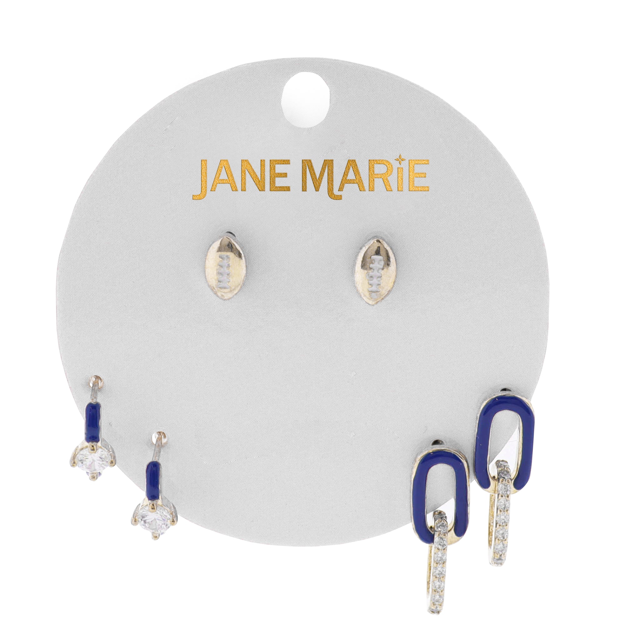 Gold, Royal Enamel Set of 3, Football, Oval & Crystal Link, Circle Crystal Huggie Earring