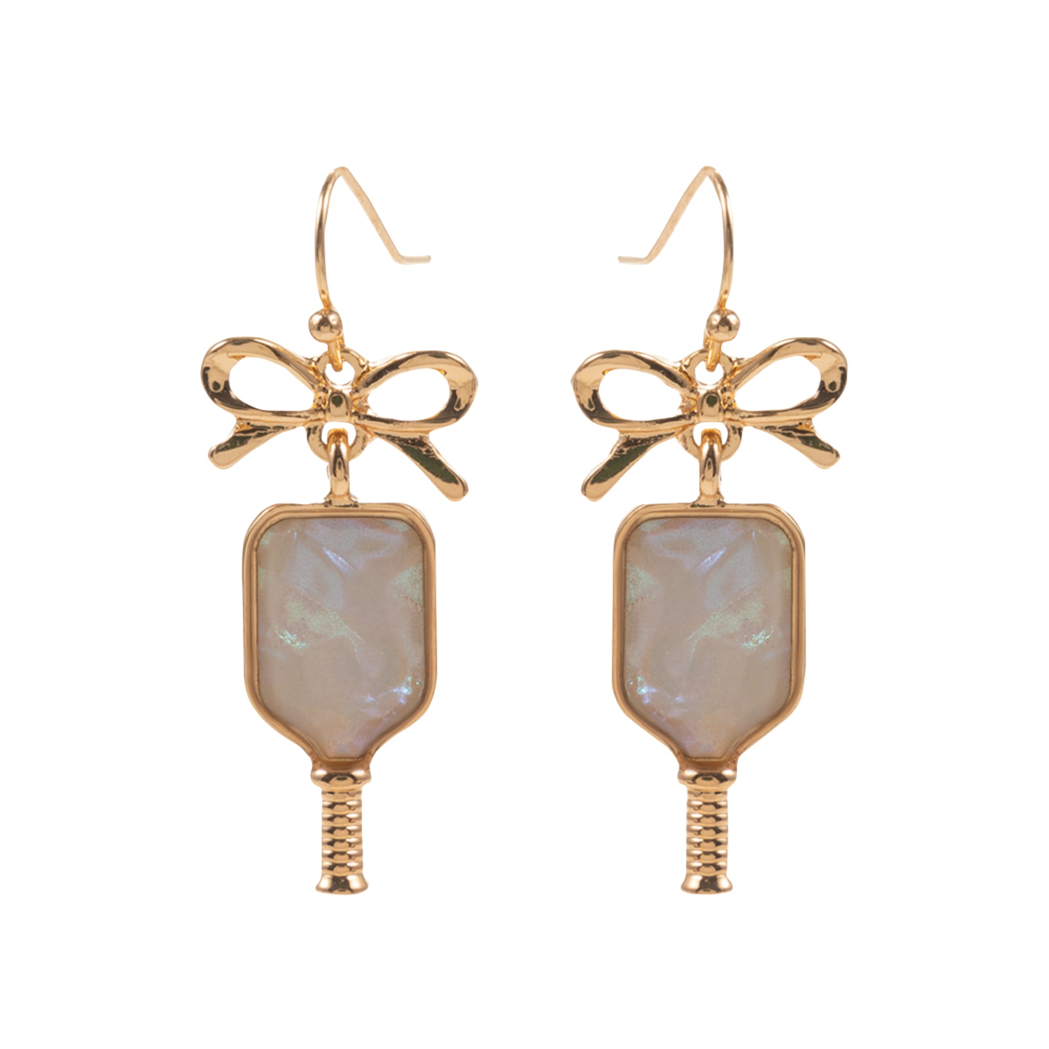 Gold, White Pickleball Paddle Earrings with Bow Post
