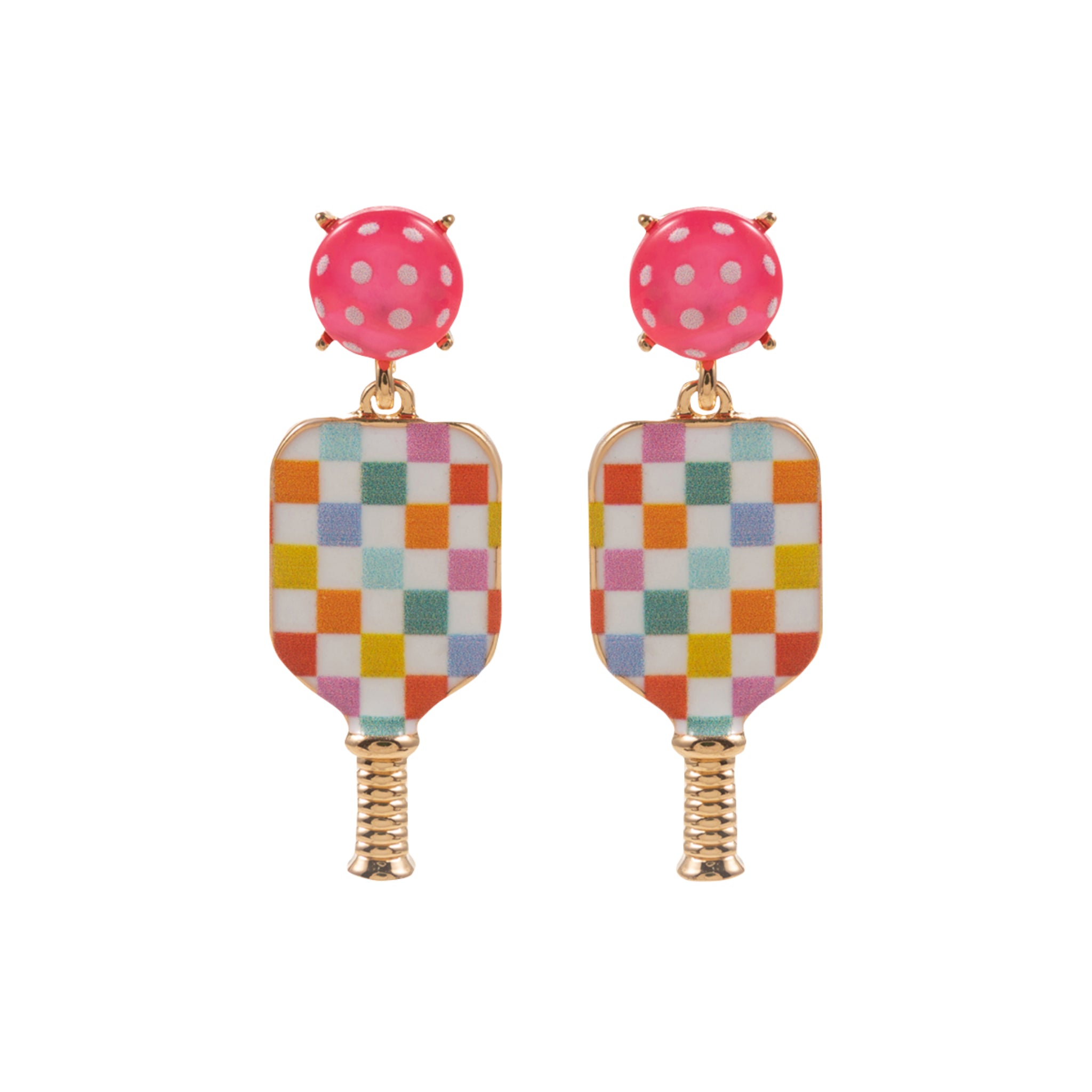 Checkered Print Multi, Gold Pickleball Paddle Earrings