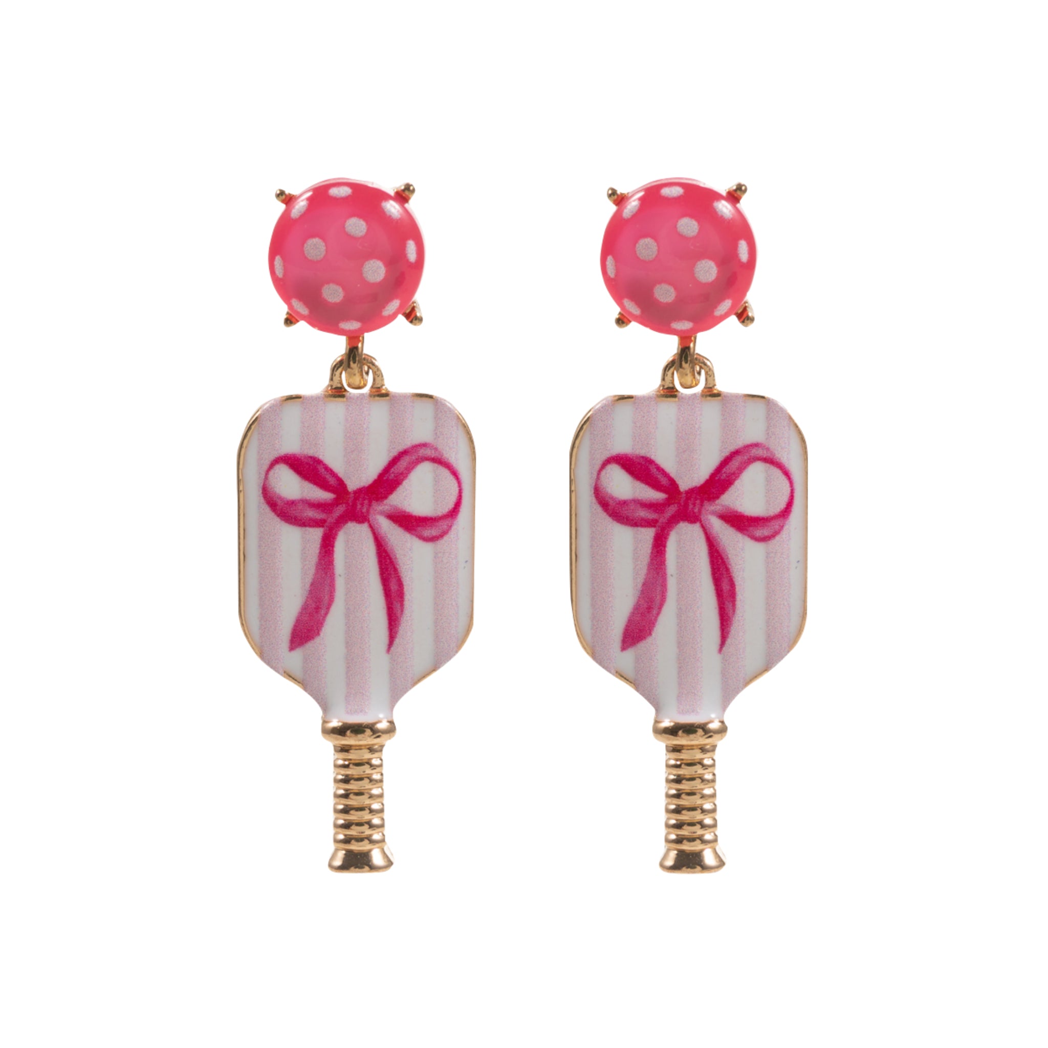 White, Pink, Gold Striped Pickleball Paddle Earrings with Bow Post