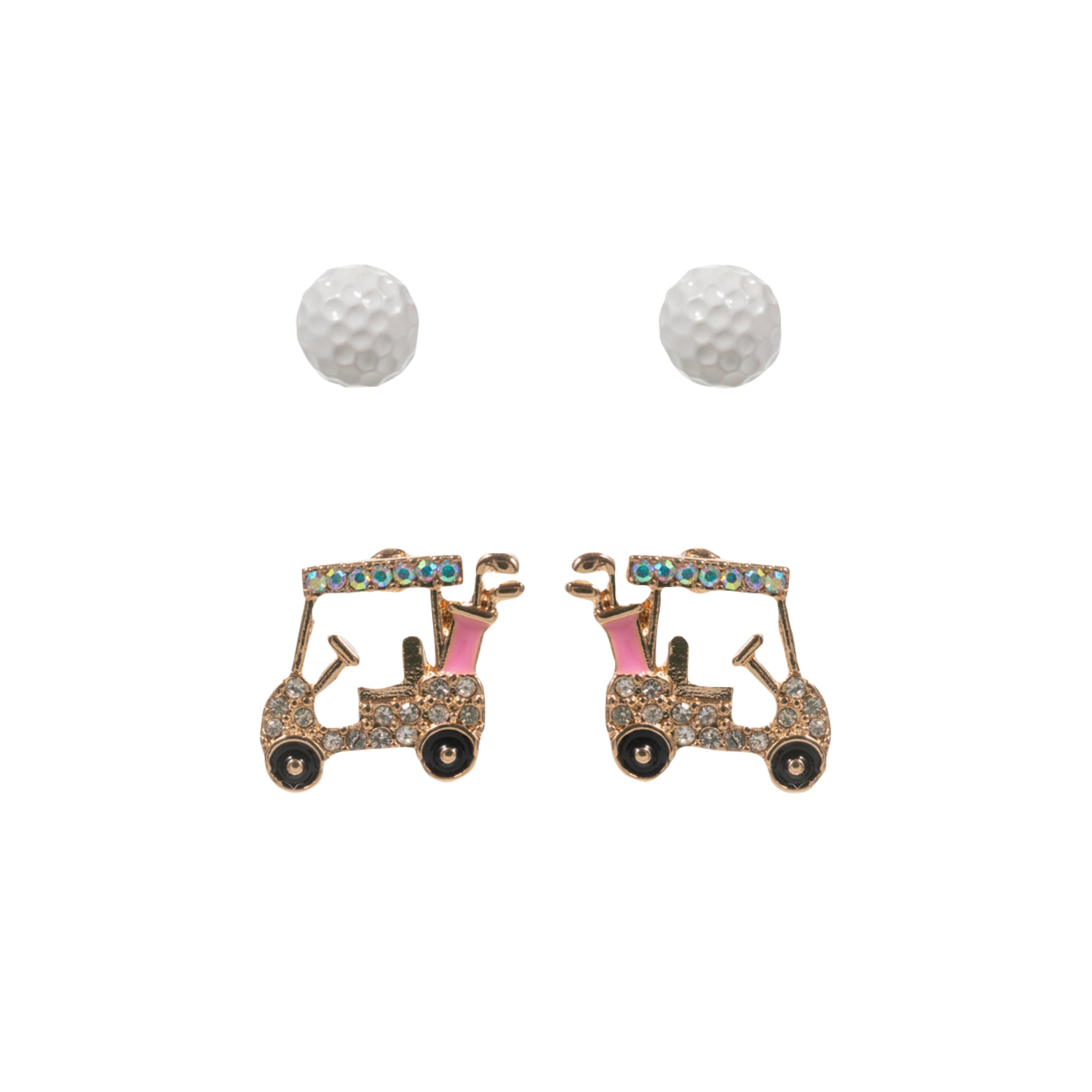 Set of 2 White Golf Balls and Gold & Pink Golf Cart Stud Earrings