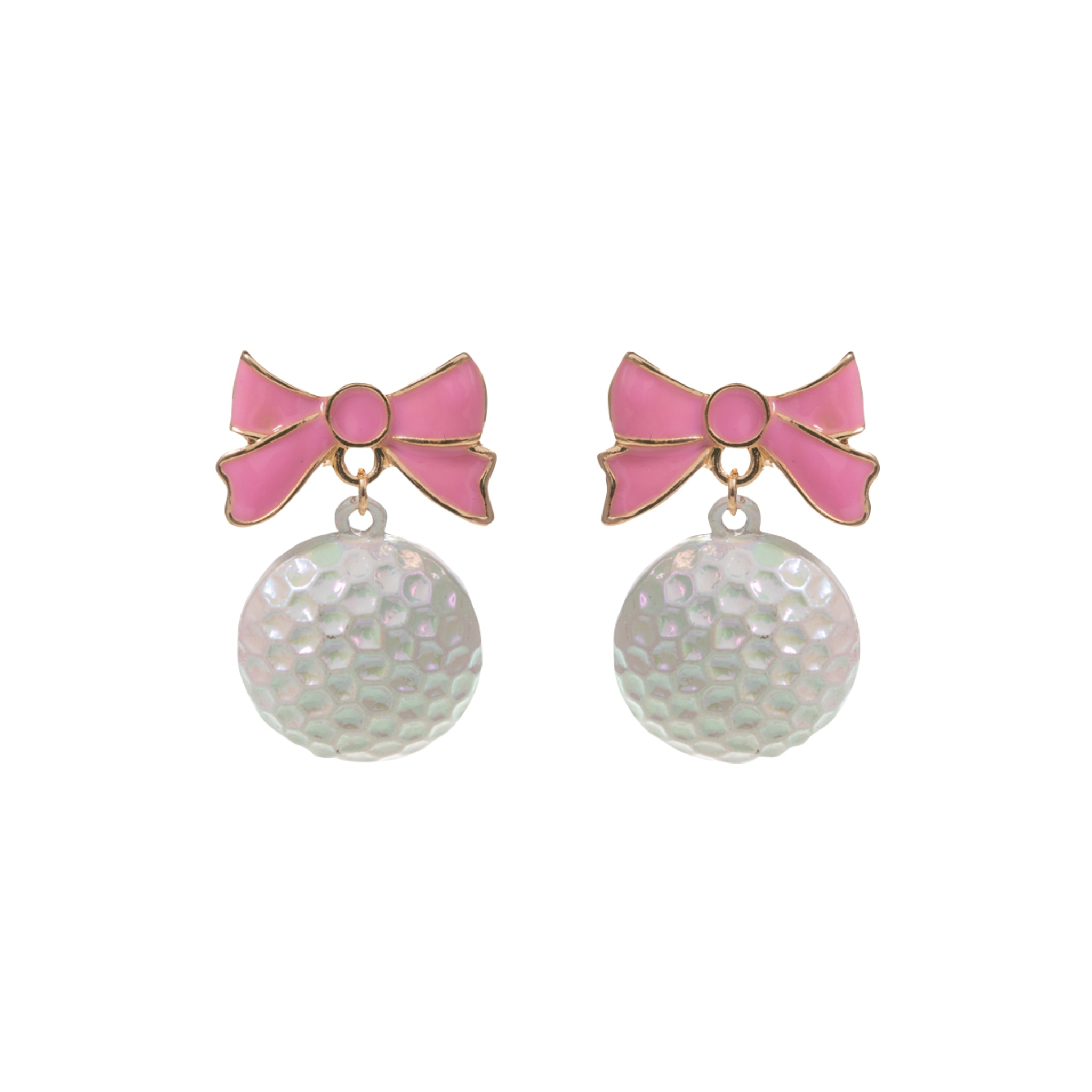 White Golf Ball Earrings with Pink & Gold Bow