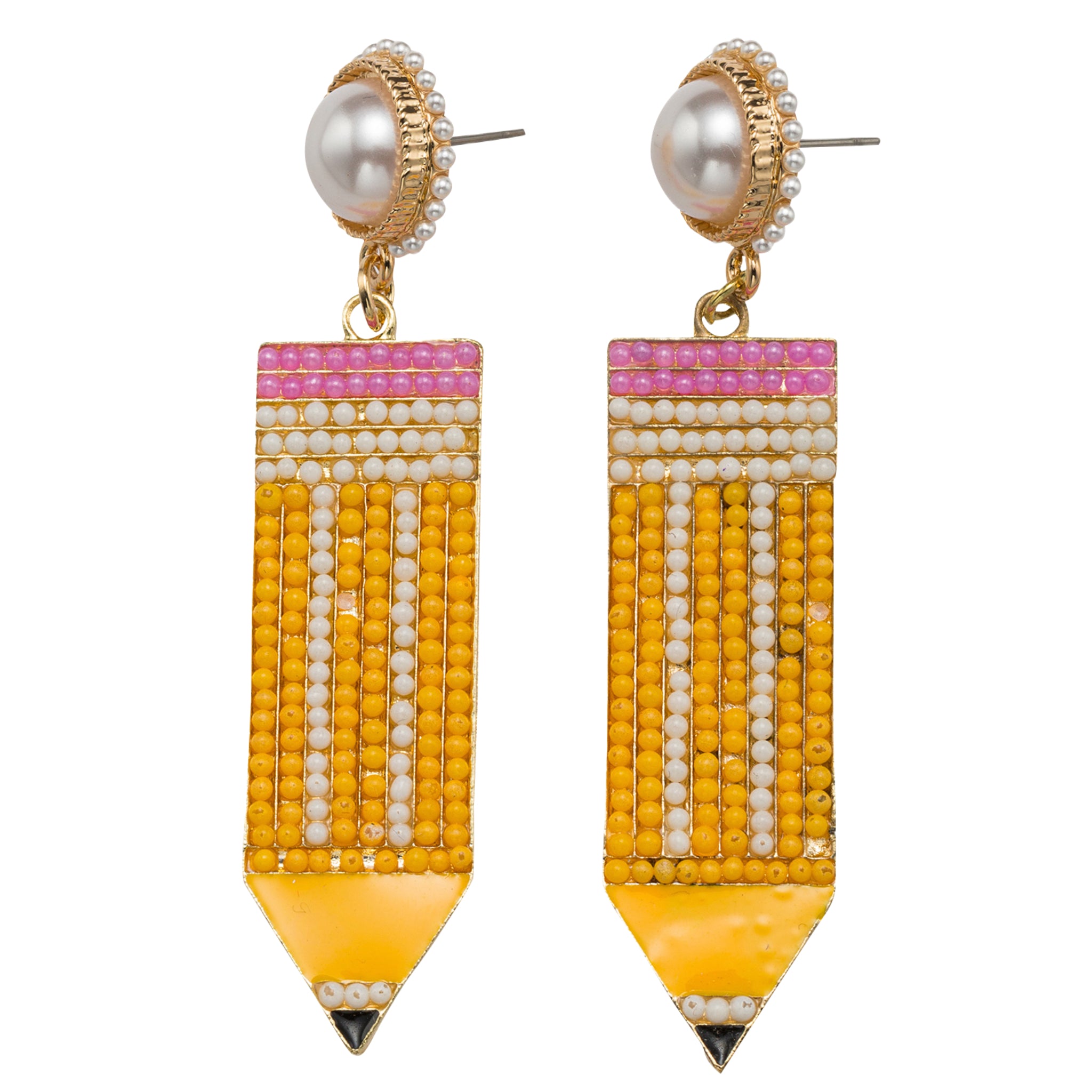 Yellow, Pink, Pearl Pencil Earring with Pearl Post