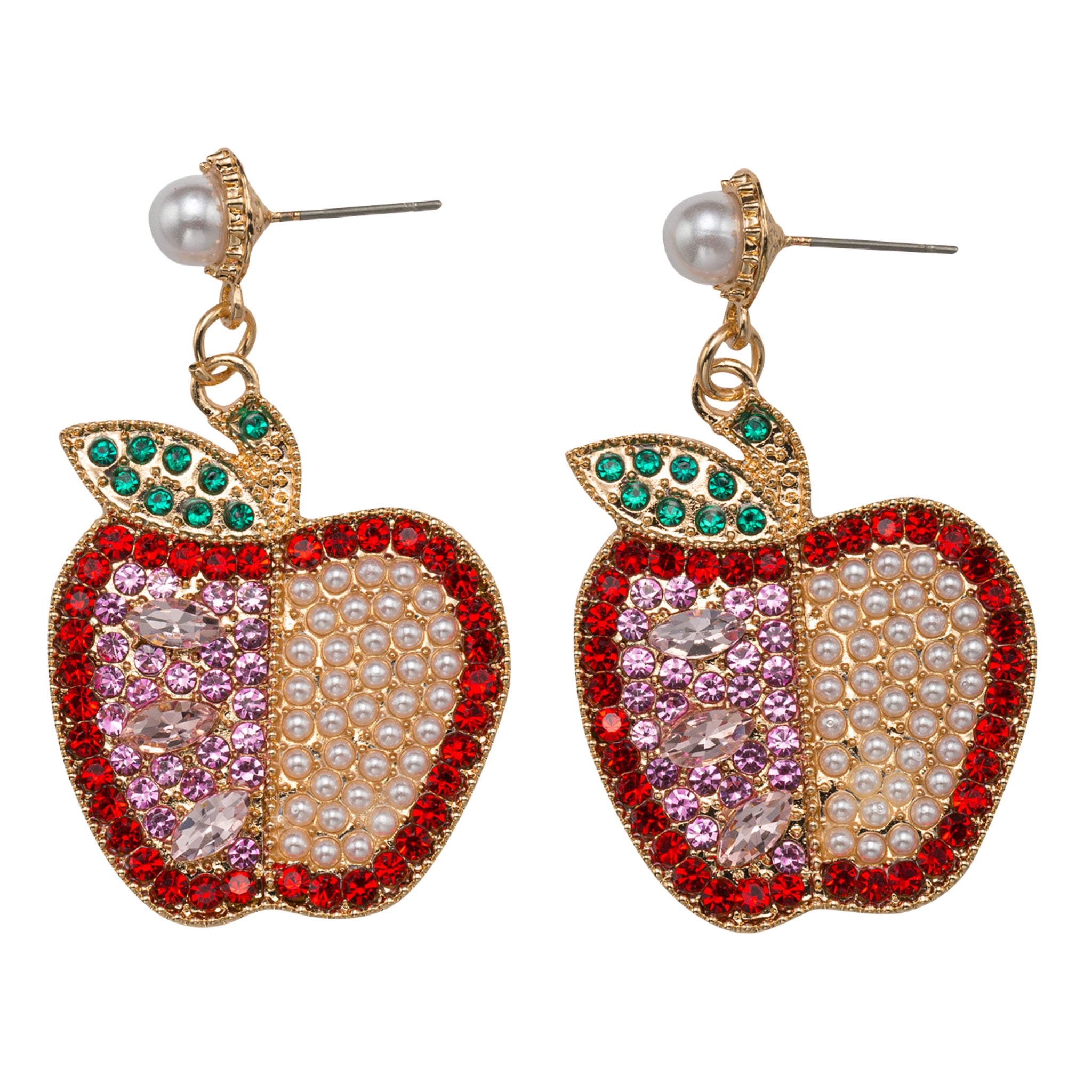 Pink, Red, Green, Pearl Apple Earring with Pearl Post